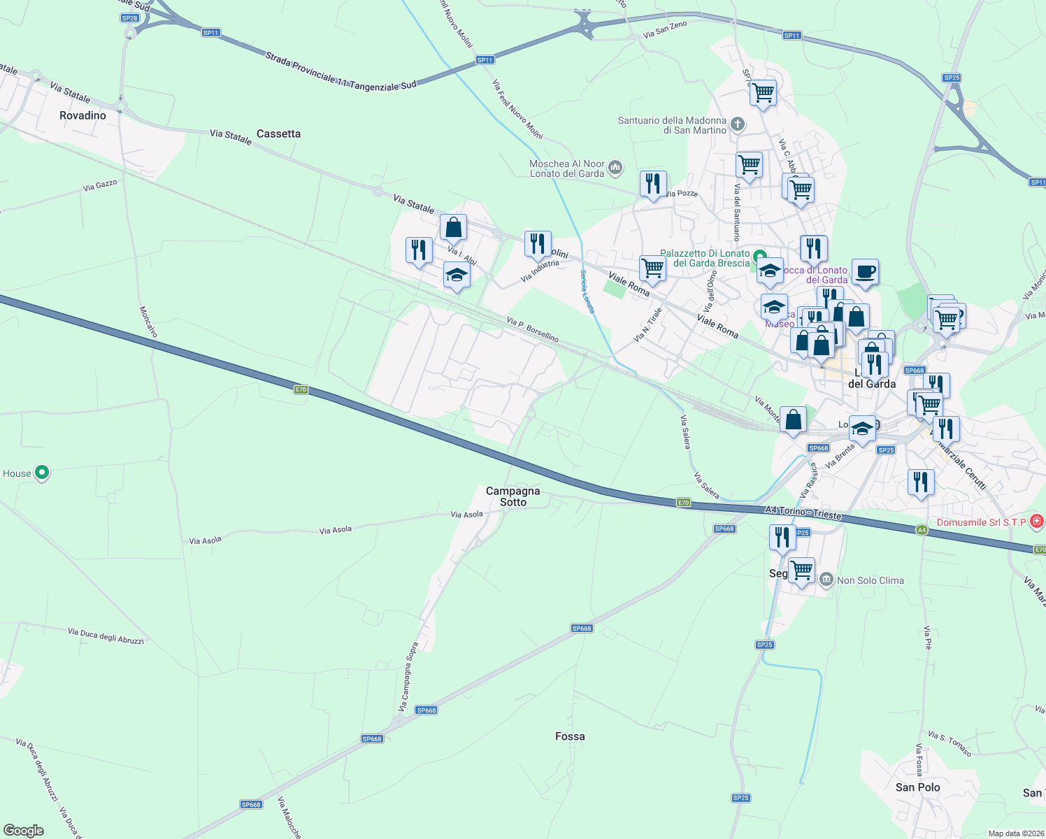 map of restaurants, bars, coffee shops, grocery stores, and more near 26D Via Campagna Sopra in Provincia di Brescia