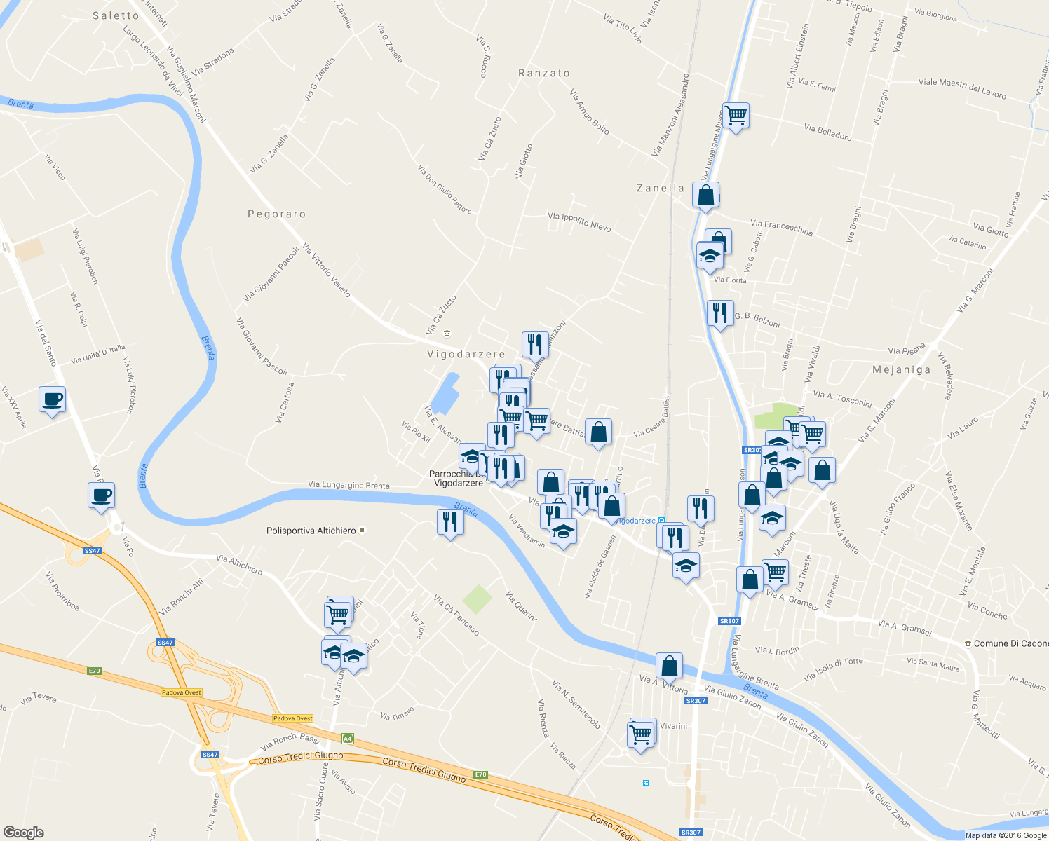 map of restaurants, bars, coffee shops, grocery stores, and more near 350 Via Roma in Vigodarzere