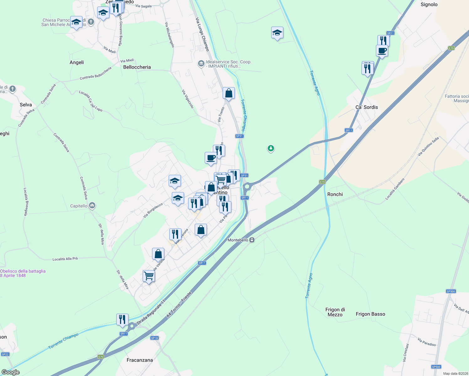 map of restaurants, bars, coffee shops, grocery stores, and more near 8 Via Pesa in Montebello Vicentino