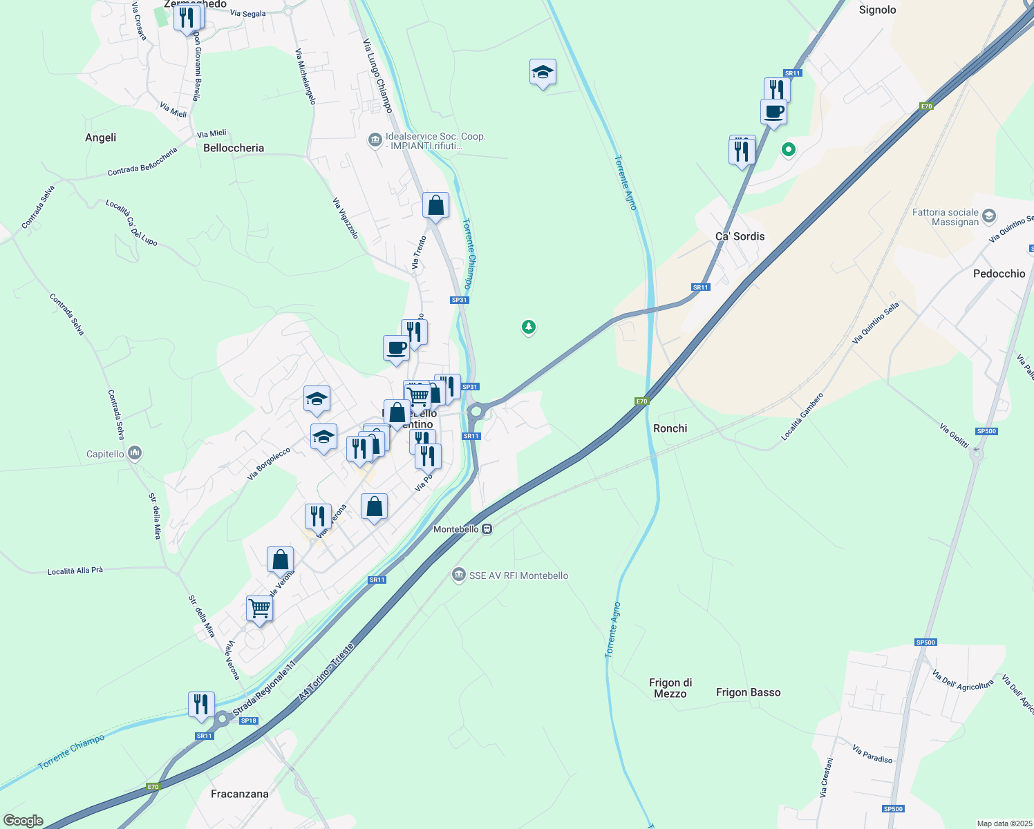 map of restaurants, bars, coffee shops, grocery stores, and more near 94 Via Borgo in Montebello Vicentino