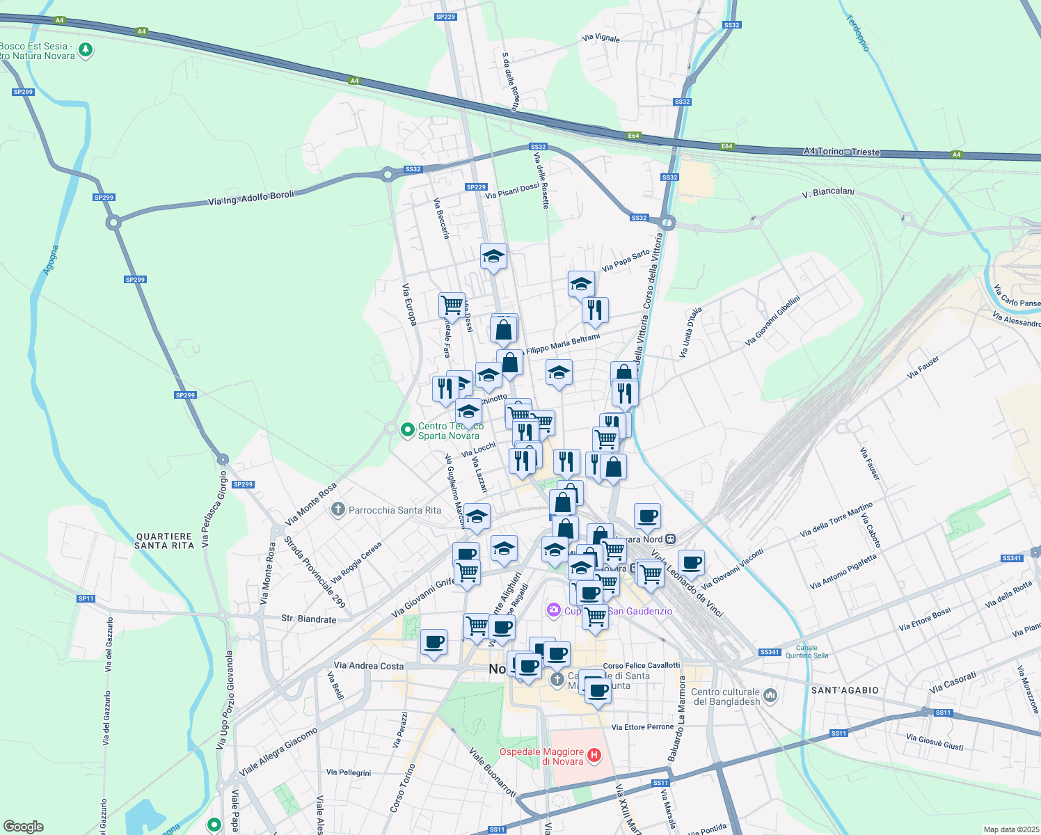 map of restaurants, bars, coffee shops, grocery stores, and more near 42 Corso Risorgimento in Novara