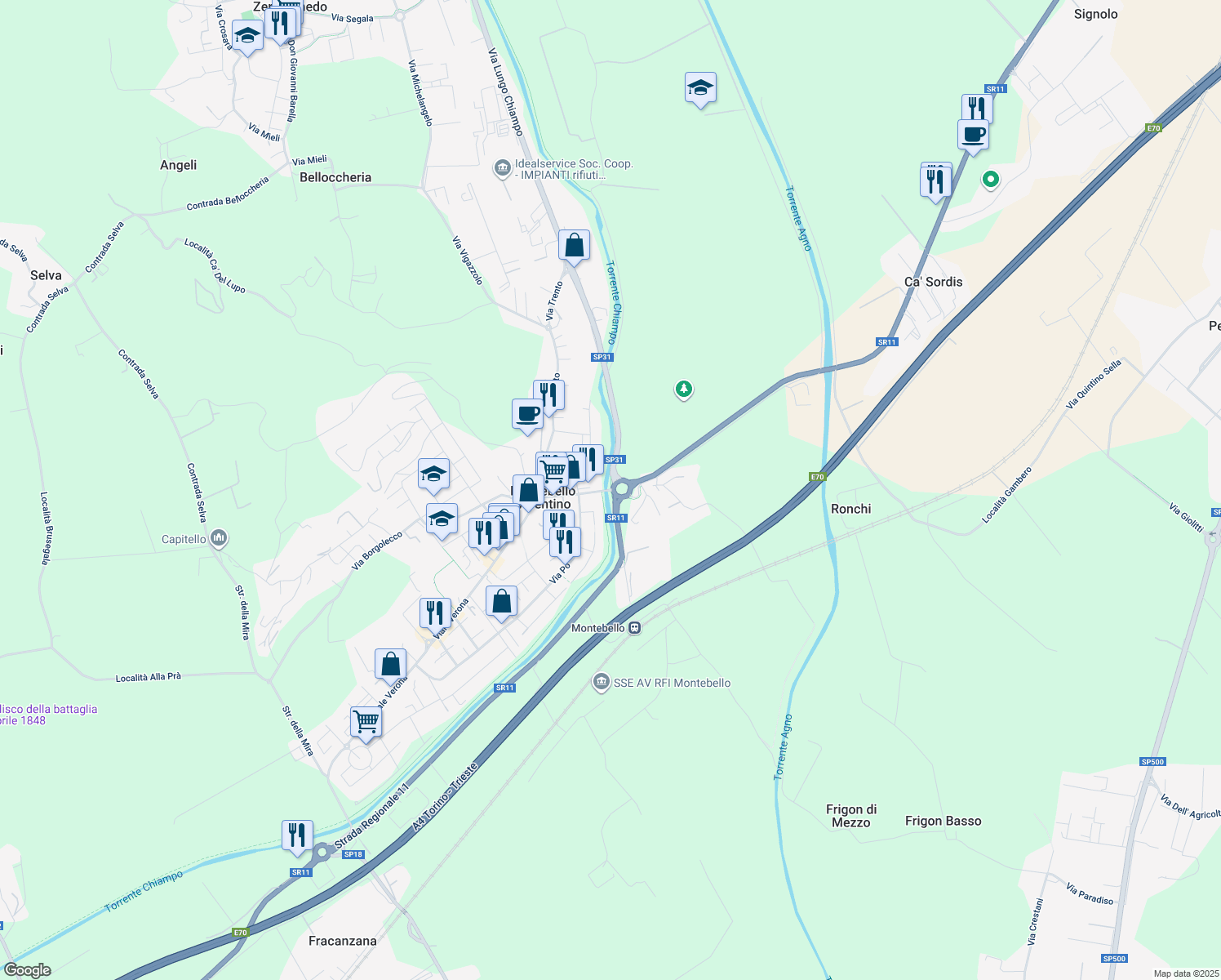 map of restaurants, bars, coffee shops, grocery stores, and more near 52 Via XXIV Maggio in Provincia di Vicenza