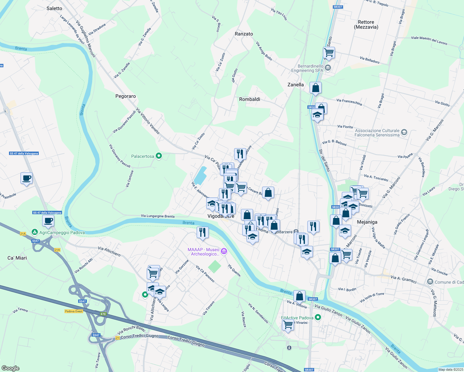 map of restaurants, bars, coffee shops, grocery stores, and more near 350 Via Roma in Vigodarzere
