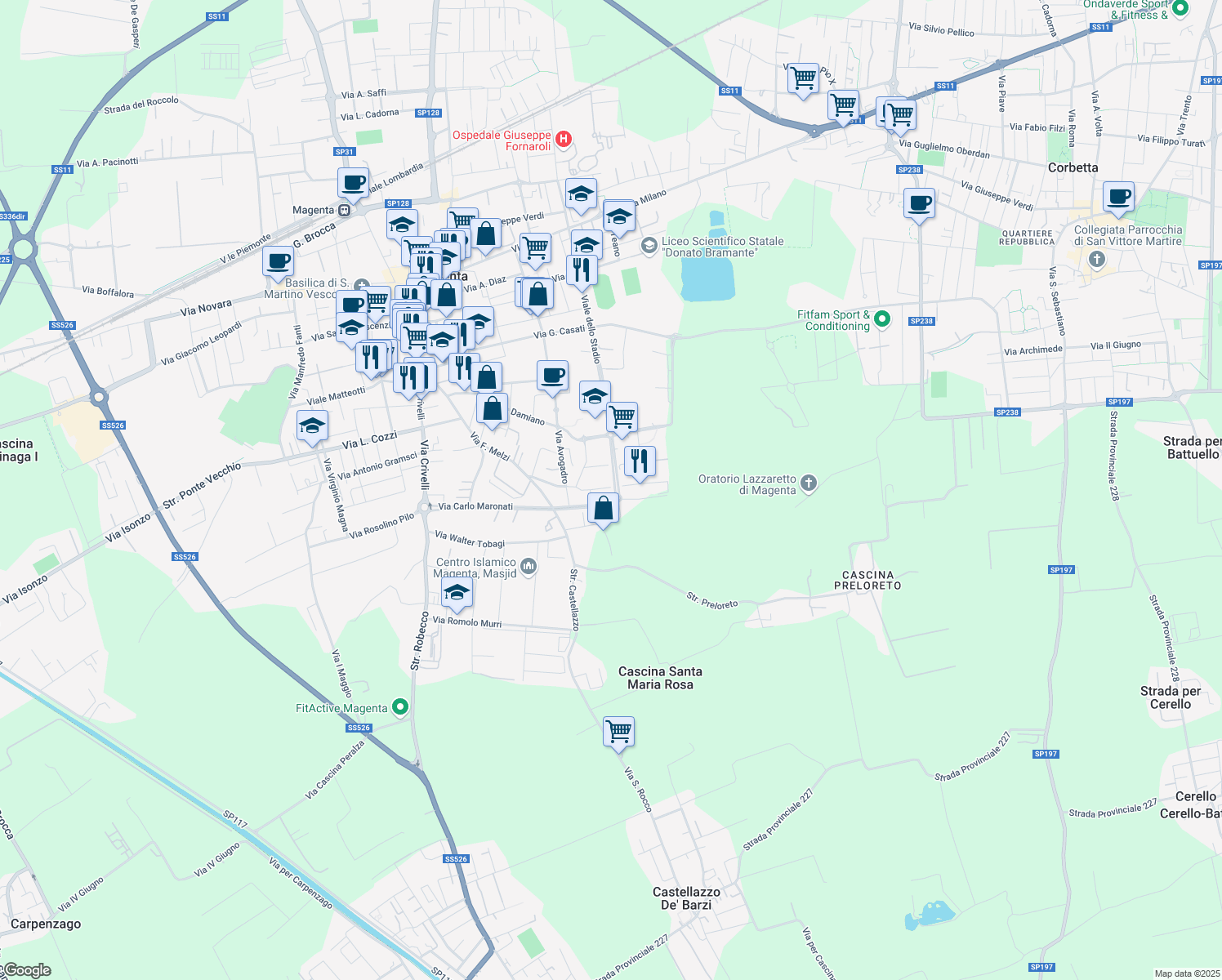 map of restaurants, bars, coffee shops, grocery stores, and more near 44 Via Antonio Meucci in Magenta