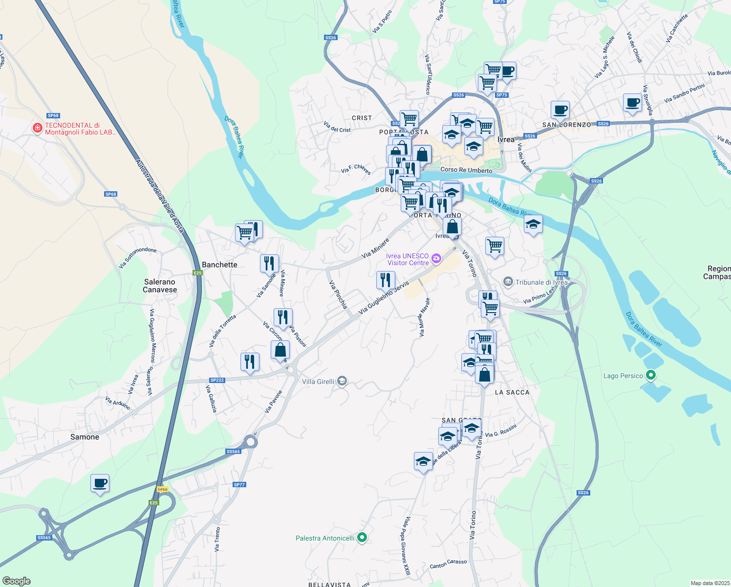 map of restaurants, bars, coffee shops, grocery stores, and more near Via G. Jervis in Ivrea