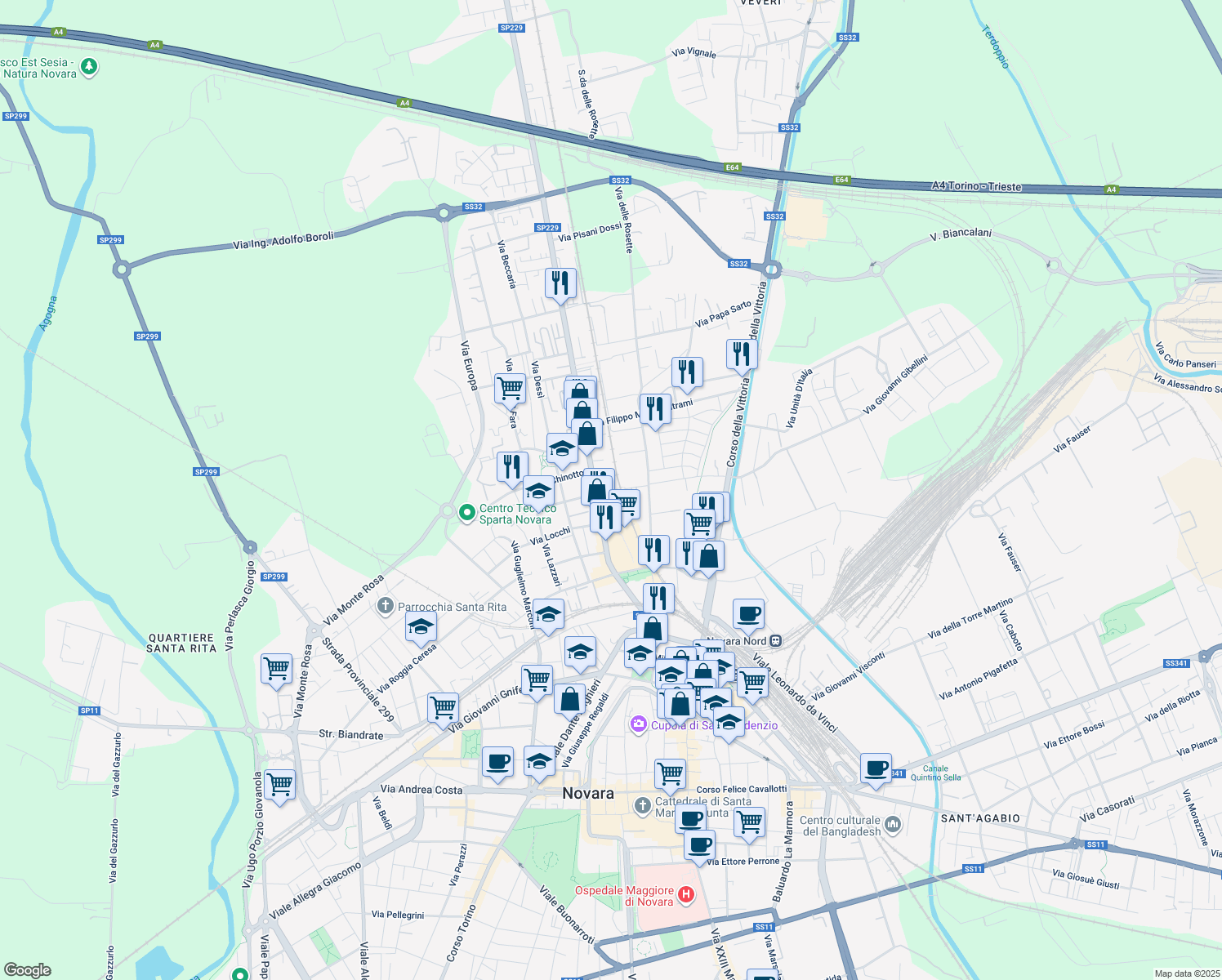 map of restaurants, bars, coffee shops, grocery stores, and more near 42 Corso Risorgimento in Novara