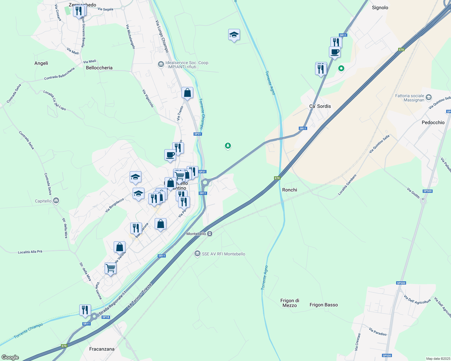 map of restaurants, bars, coffee shops, grocery stores, and more near 94 Via Borgo in Montebello Vicentino