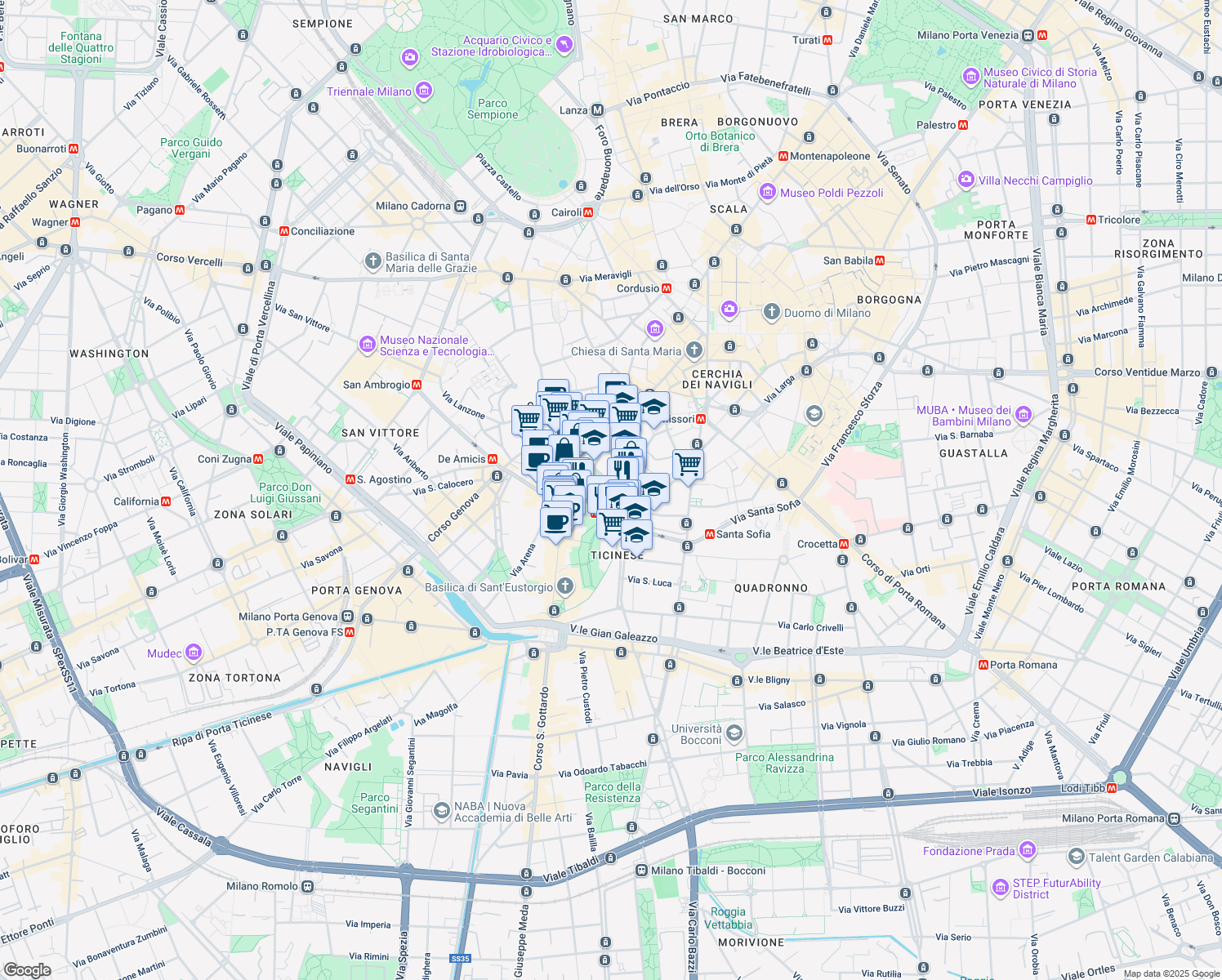 map of restaurants, bars, coffee shops, grocery stores, and more near 17 Piazza Vetra in Milano