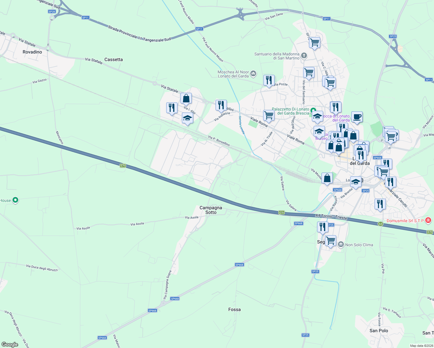 map of restaurants, bars, coffee shops, grocery stores, and more near 26D Via Campagna Sopra in Provincia di Brescia