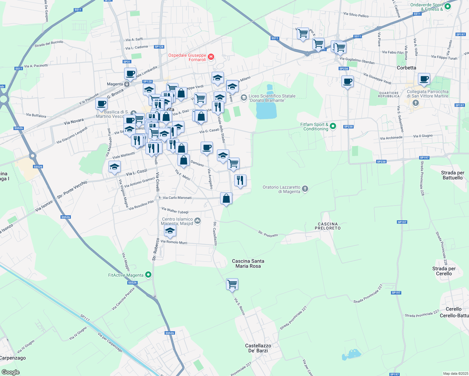 map of restaurants, bars, coffee shops, grocery stores, and more near 44 Via Antonio Meucci in Magenta