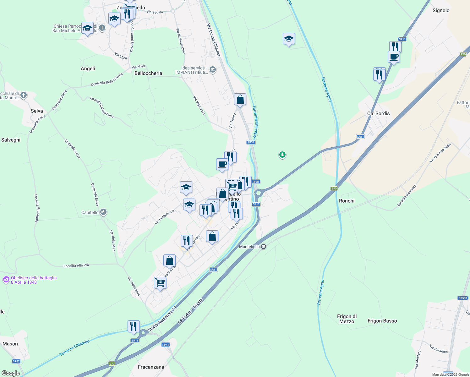 map of restaurants, bars, coffee shops, grocery stores, and more near 21 Via XXIV Maggio in Montebello Vicentino