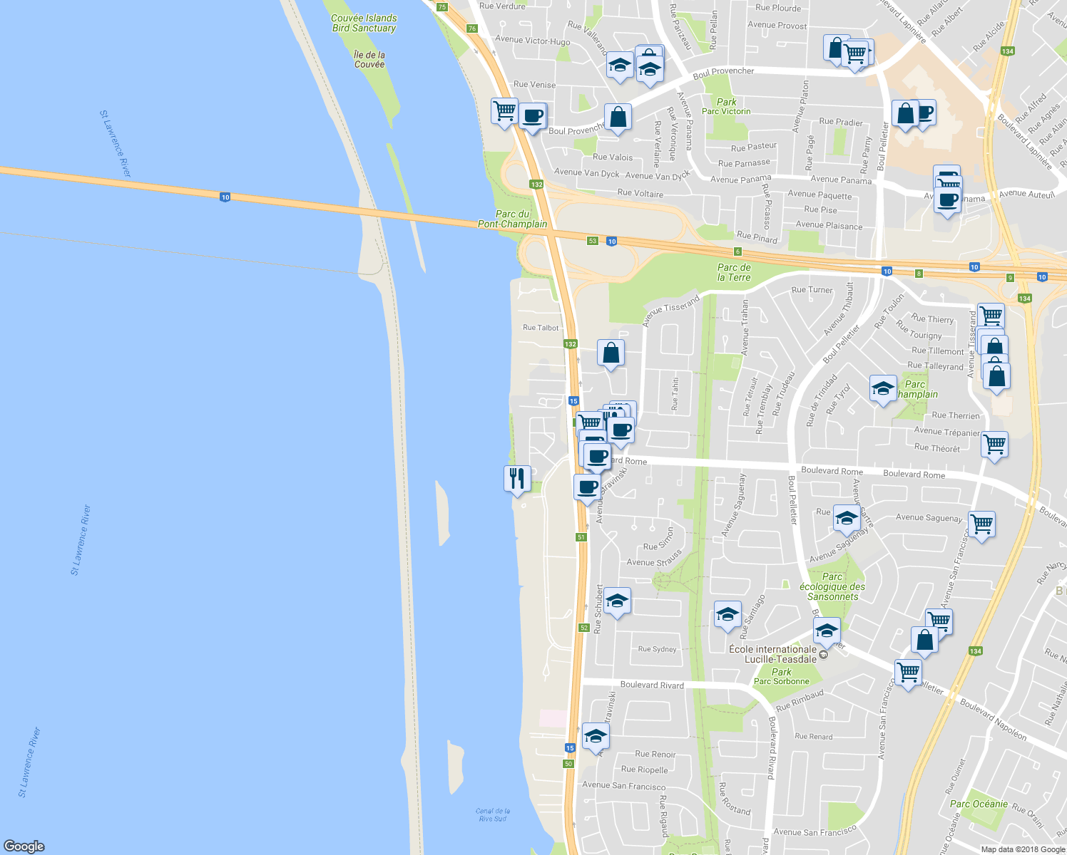 map of restaurants, bars, coffee shops, grocery stores, and more near 110 Rue des Spirées in Brossard