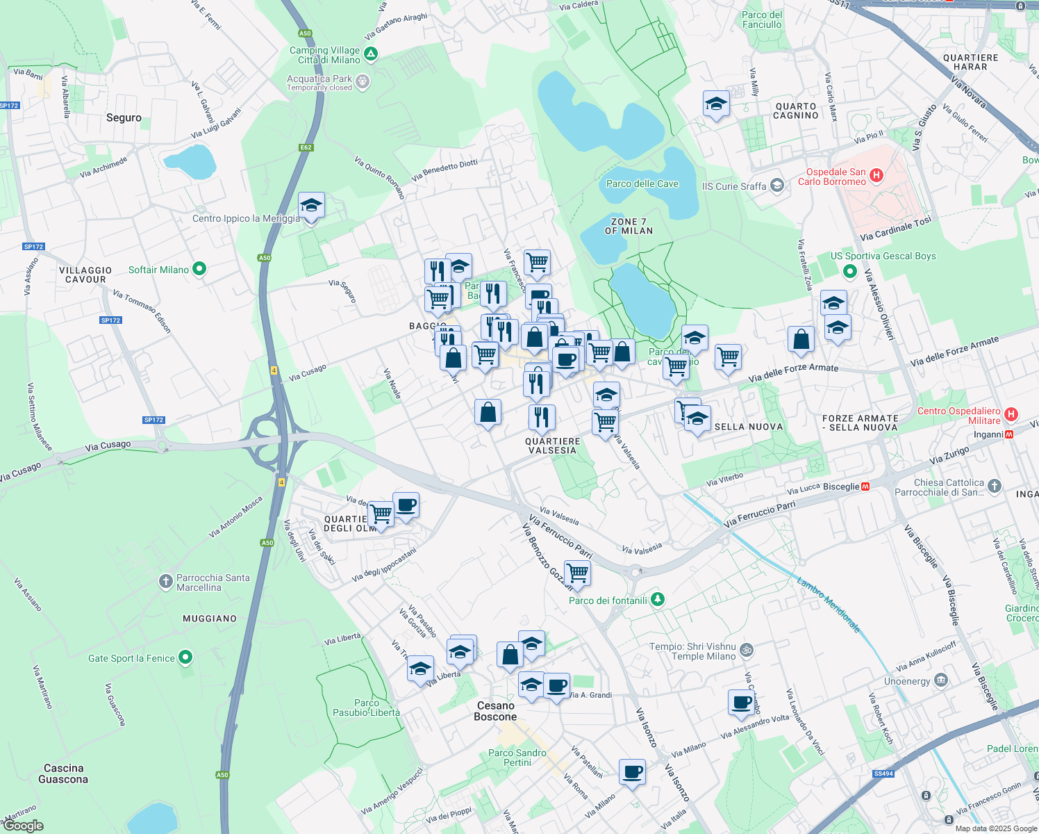 map of restaurants, bars, coffee shops, grocery stores, and more near 46 Via Bartolomeo Cabella in Città metropolitana di Milano