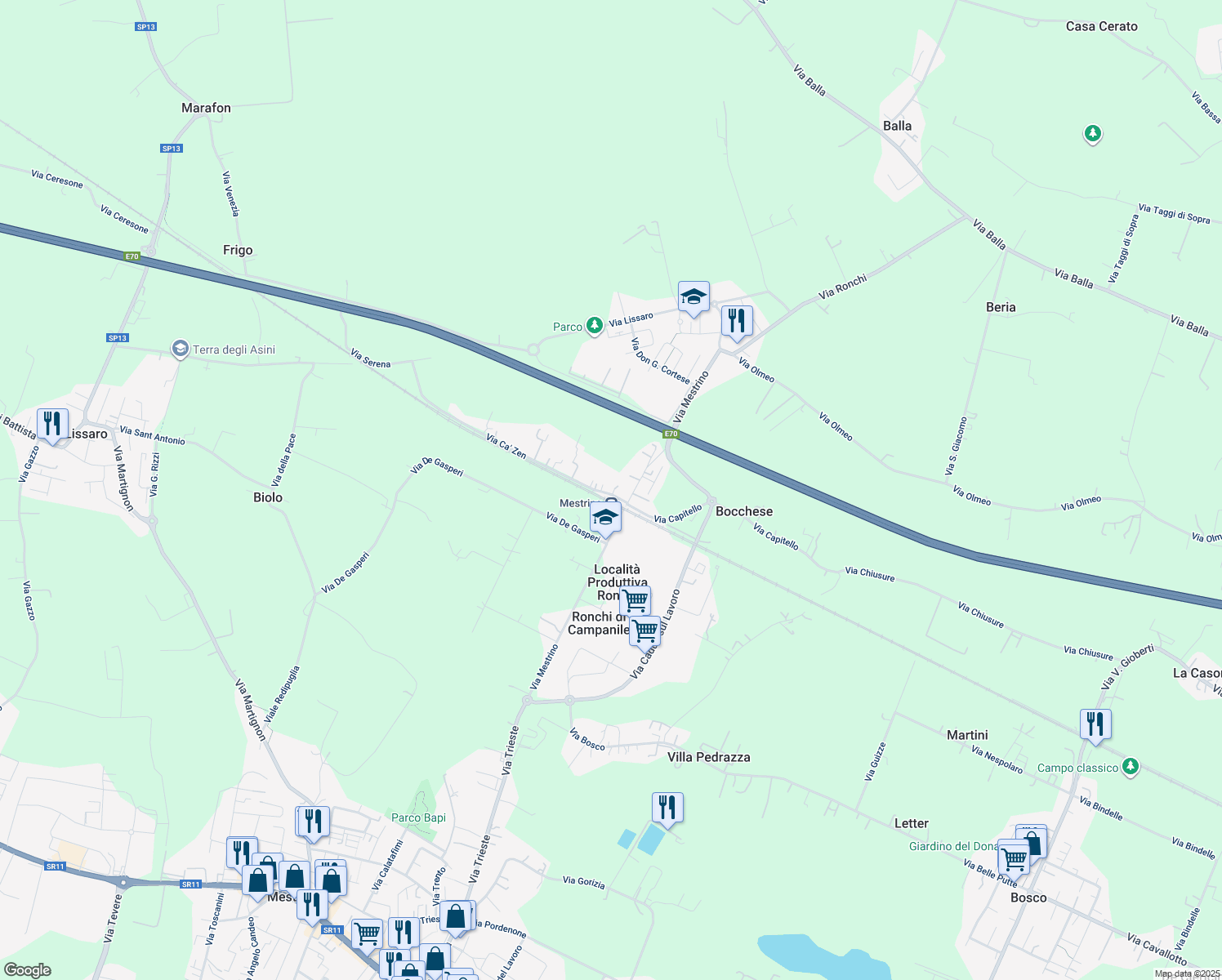 map of restaurants, bars, coffee shops, grocery stores, and more near 10 Via Ca' Zen in Ronchi di Campanile
