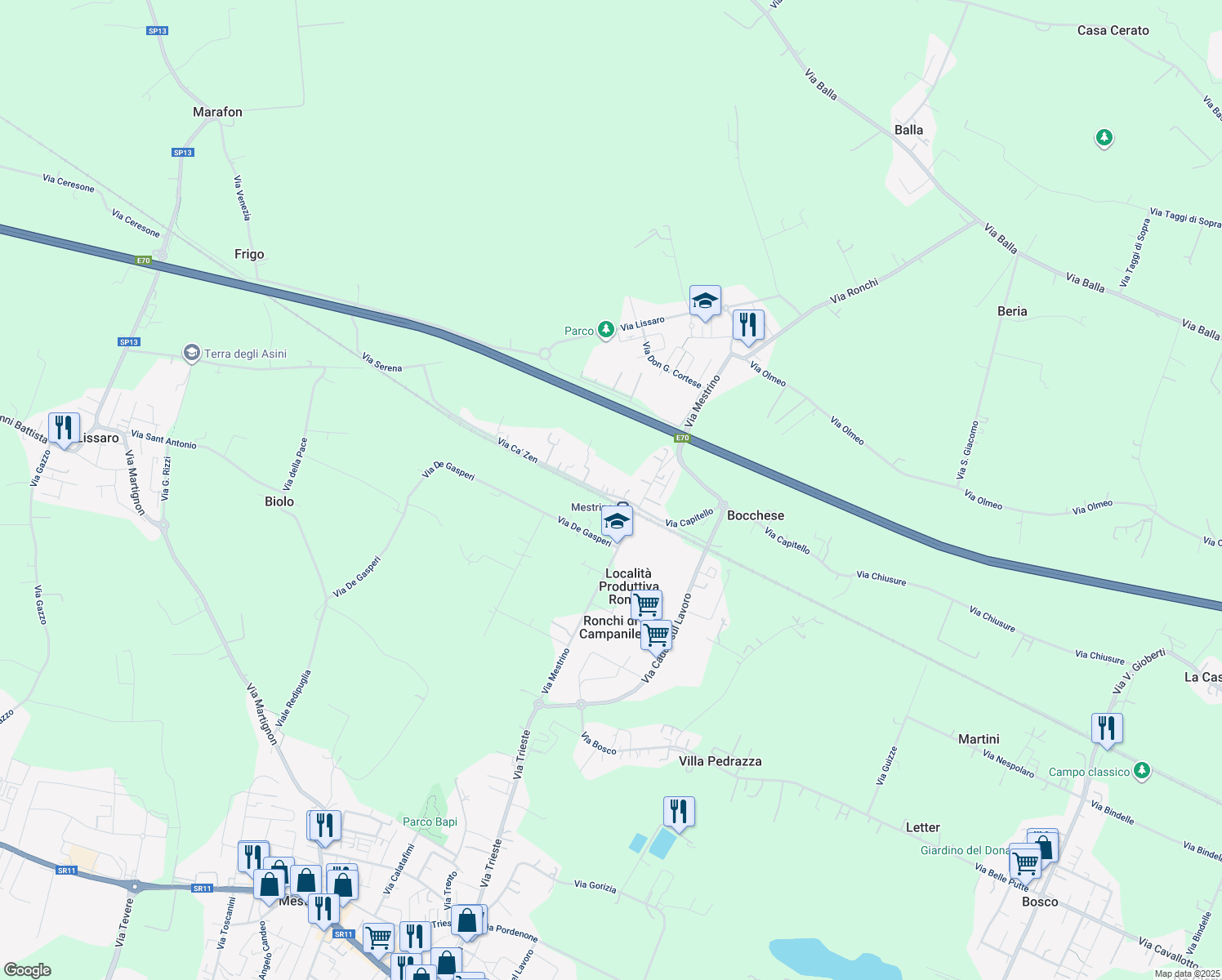 map of restaurants, bars, coffee shops, grocery stores, and more near 10 Via Ca' Zen in Ronchi di Campanile