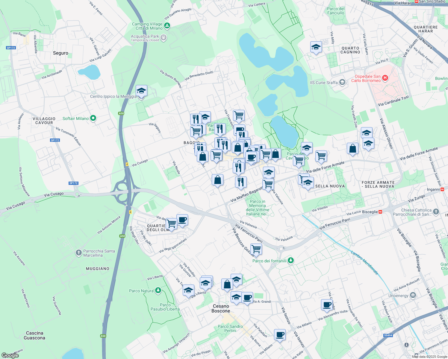 map of restaurants, bars, coffee shops, grocery stores, and more near 46 Via Bartolomeo Cabella in Città metropolitana di Milano