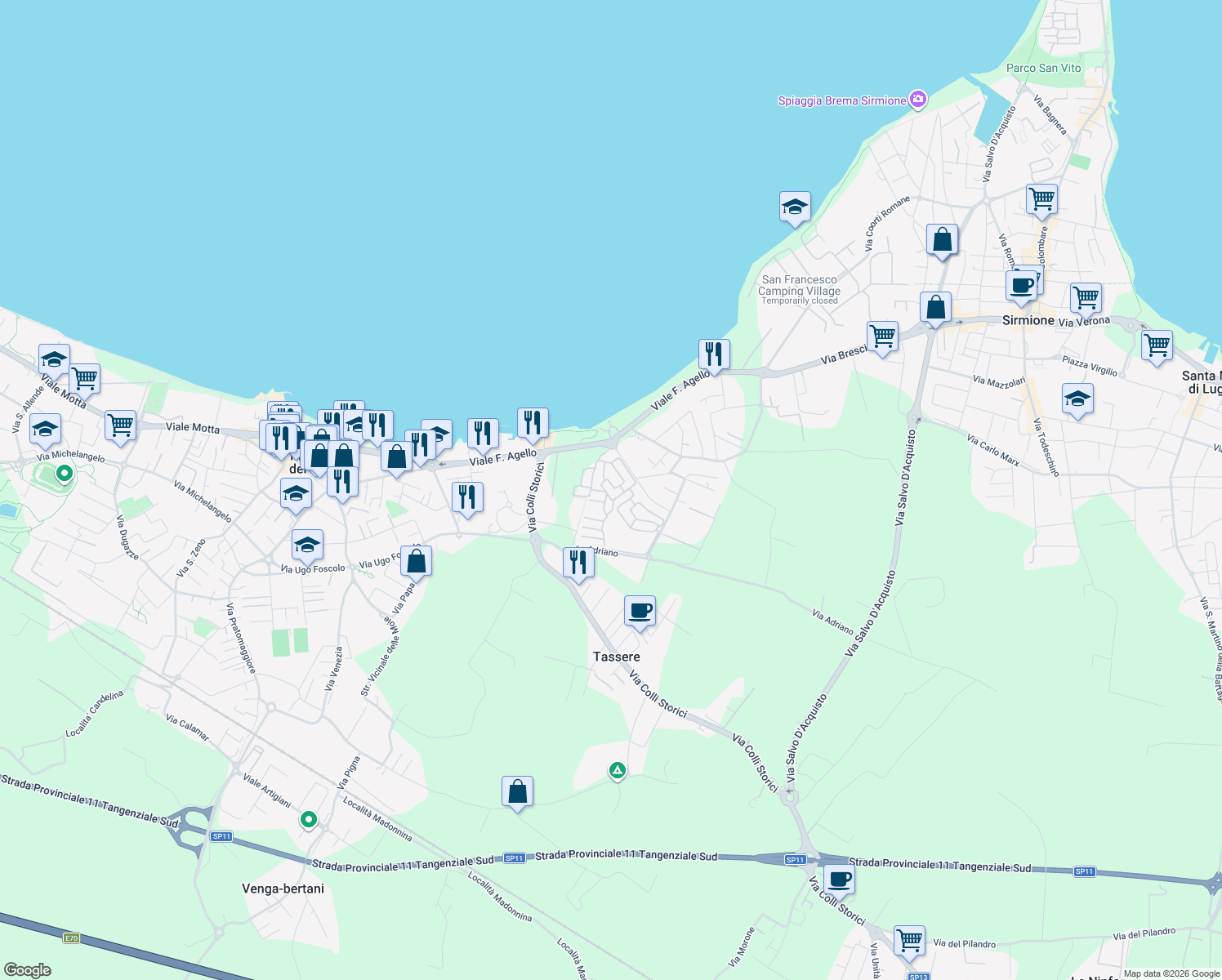 map of restaurants, bars, coffee shops, grocery stores, and more near 17 Via Giulio Cesare in Desenzano del Garda