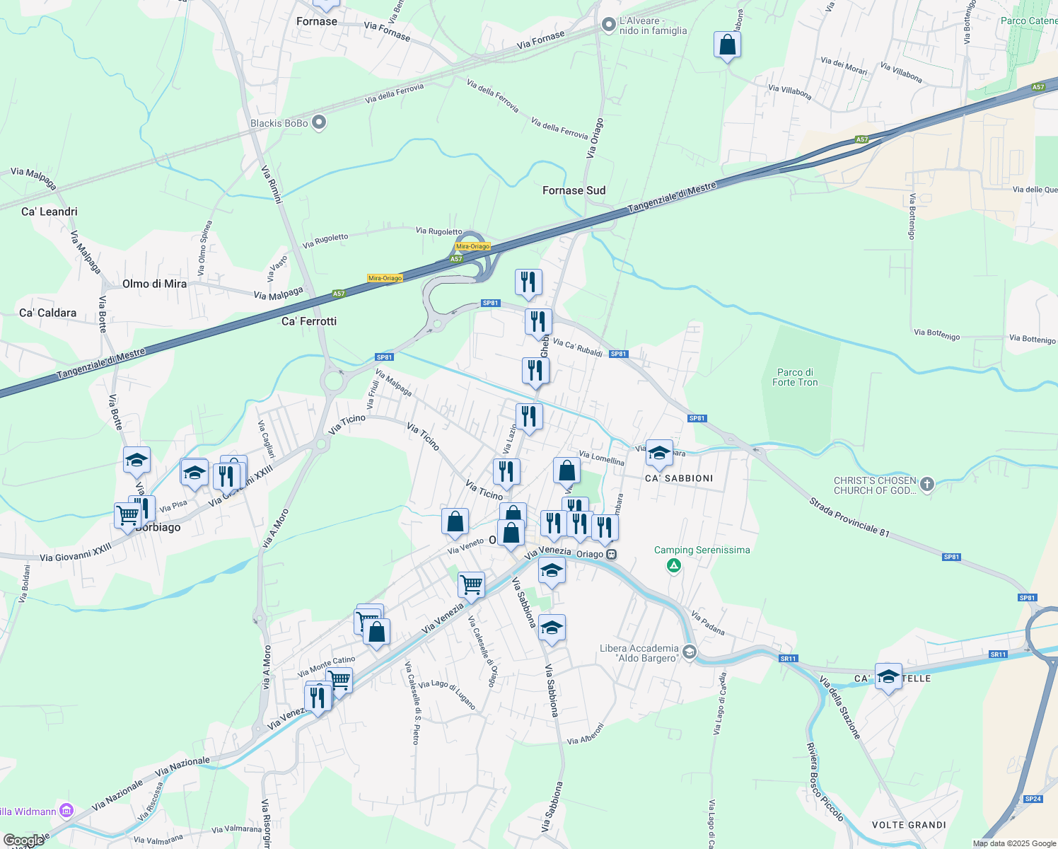 map of restaurants, bars, coffee shops, grocery stores, and more near 4 Via Basilicata in Mira Taglio