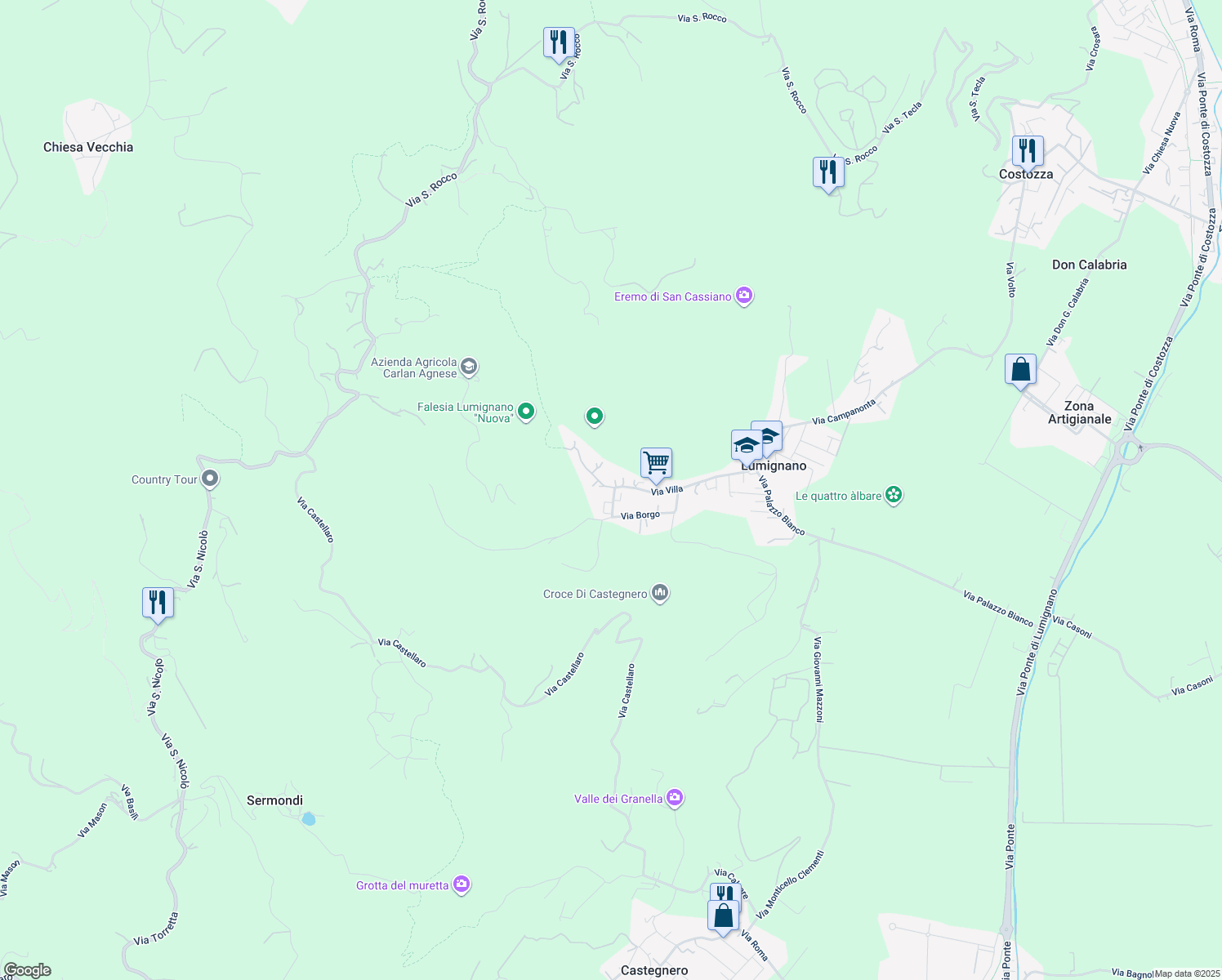 map of restaurants, bars, coffee shops, grocery stores, and more near 31 Via Borgo in Lumignano