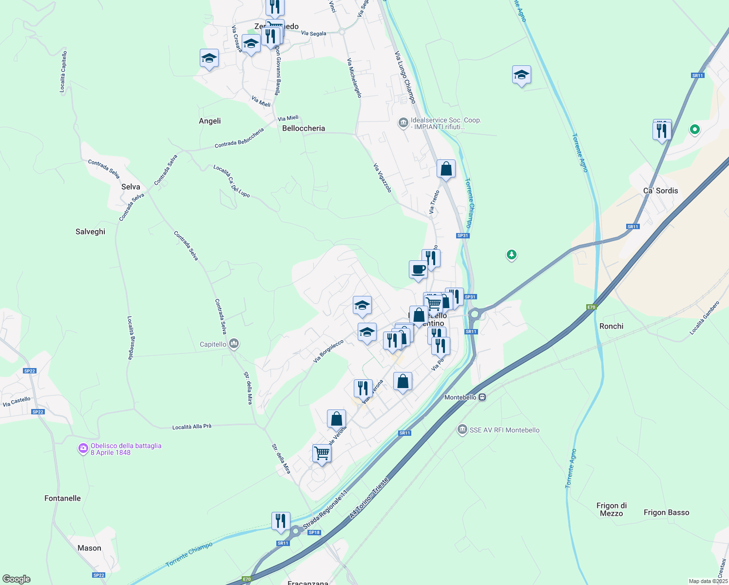 map of restaurants, bars, coffee shops, grocery stores, and more near 21 Via Verdi in Montebello Vicentino
