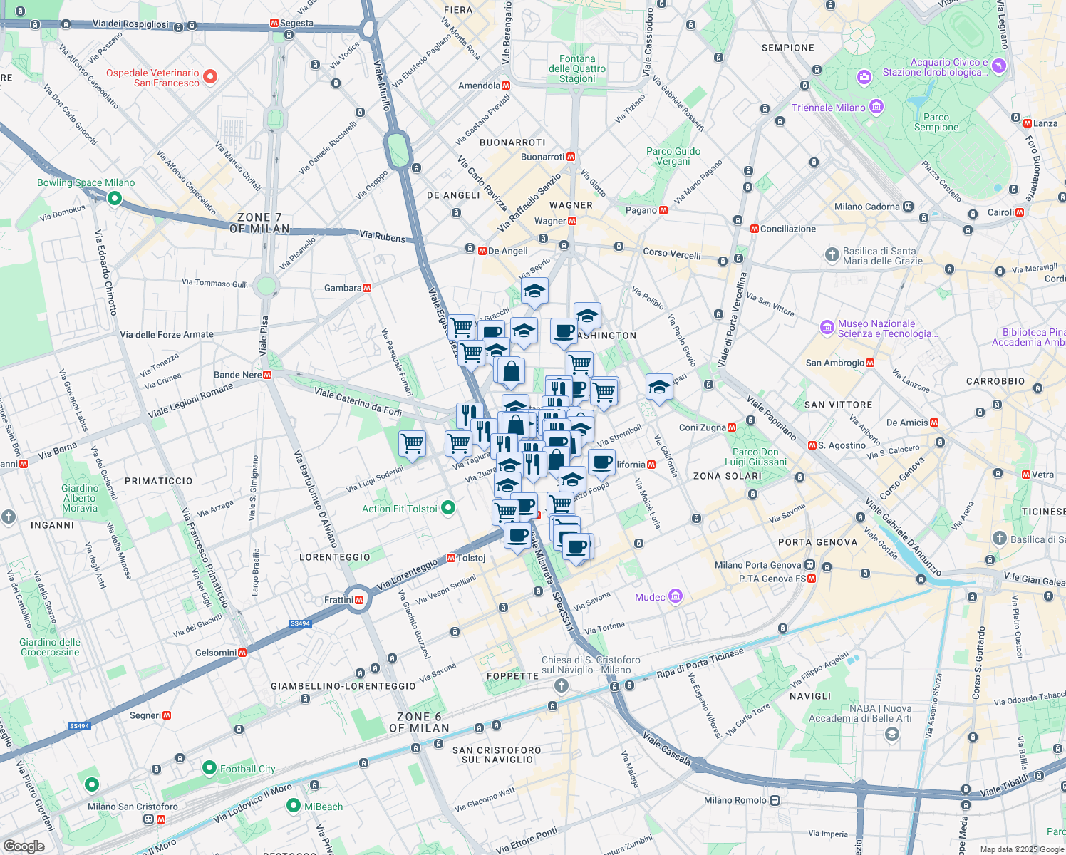 map of restaurants, bars, coffee shops, grocery stores, and more near 12 Via Roncaglia in Milano