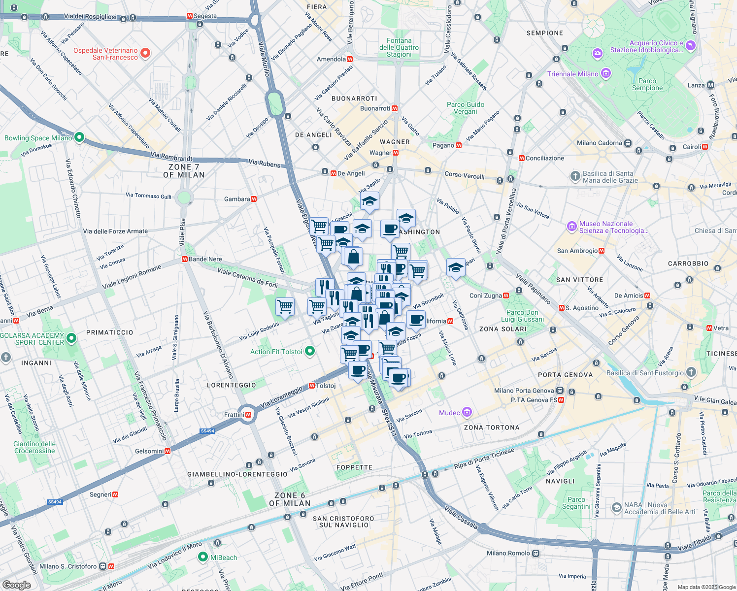 map of restaurants, bars, coffee shops, grocery stores, and more near 12 Via Roncaglia in Milano