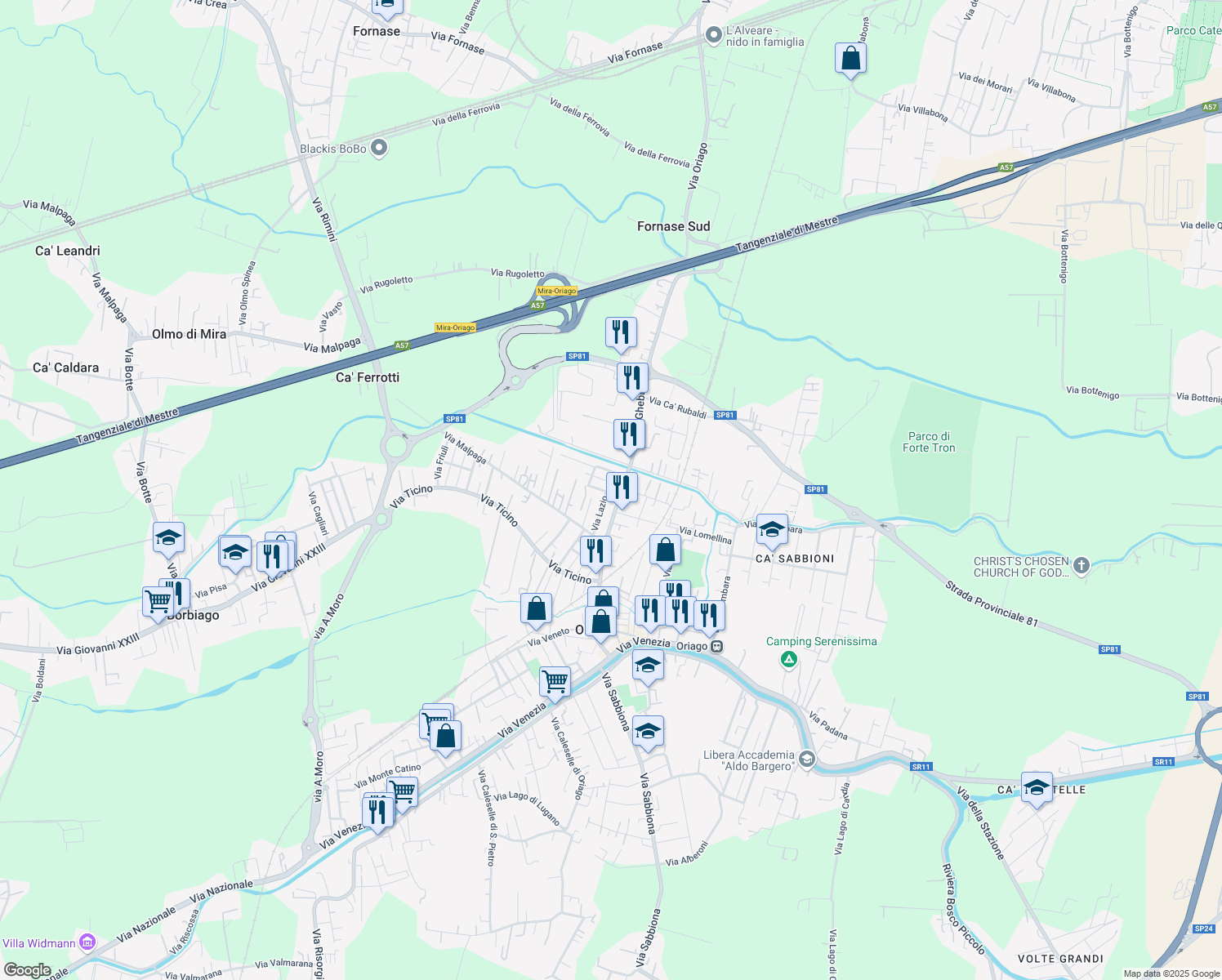 map of restaurants, bars, coffee shops, grocery stores, and more near 4 Via Basilicata in Mira