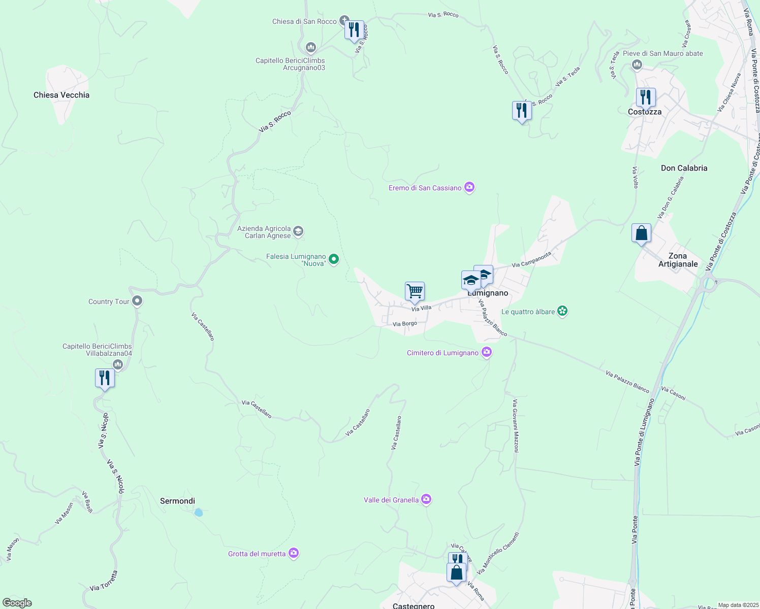 map of restaurants, bars, coffee shops, grocery stores, and more near 31 Via Borgo in Lumignano