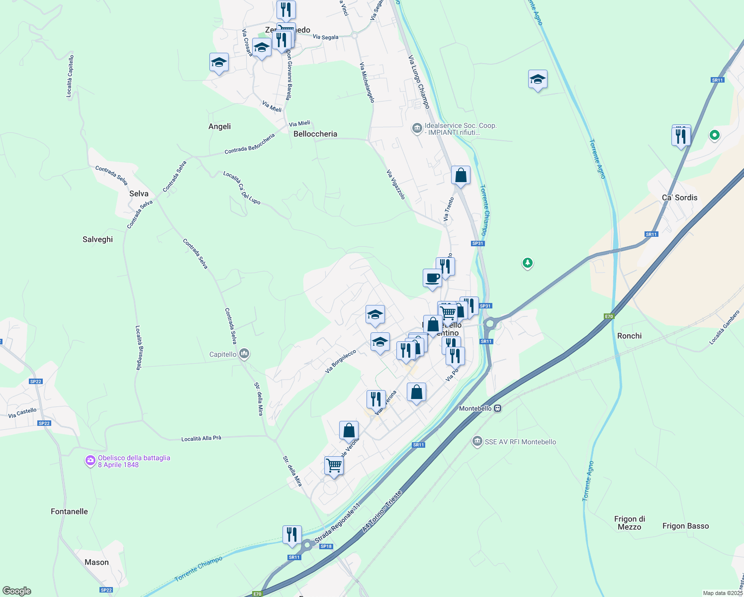 map of restaurants, bars, coffee shops, grocery stores, and more near 21 Via Verdi in Montebello Vicentino