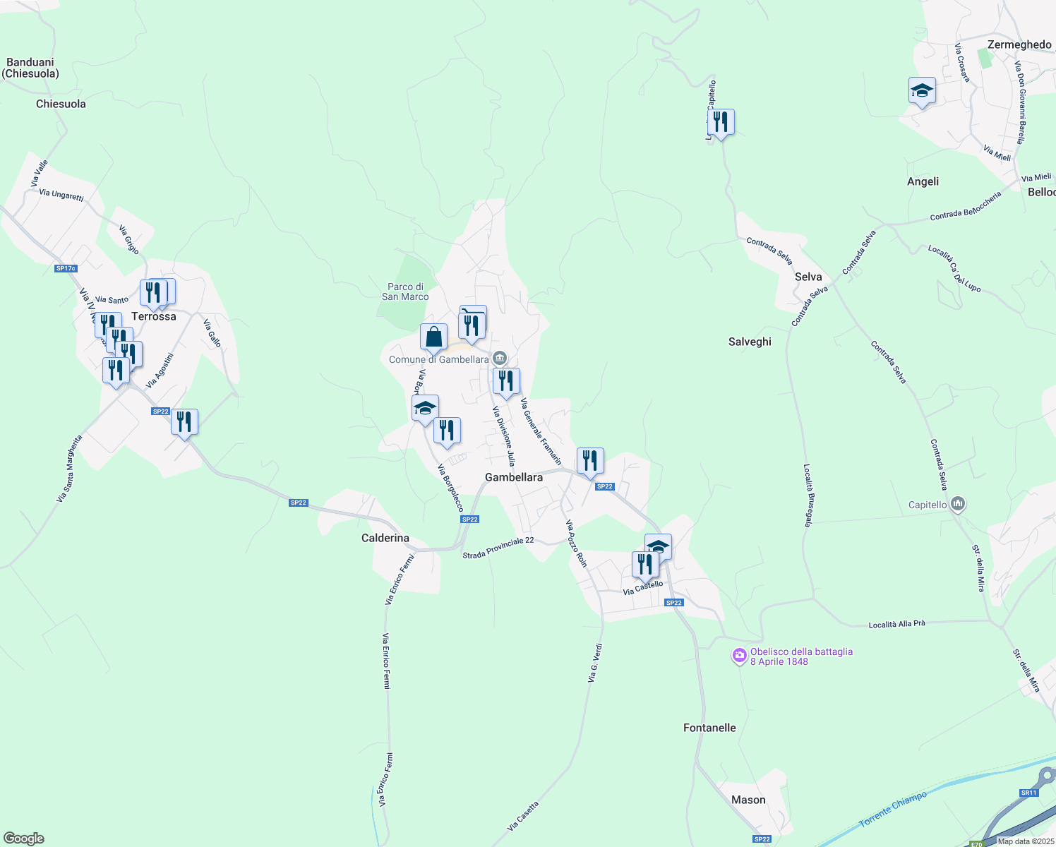 map of restaurants, bars, coffee shops, grocery stores, and more near 8 Via Generale Framarin in Gambellara