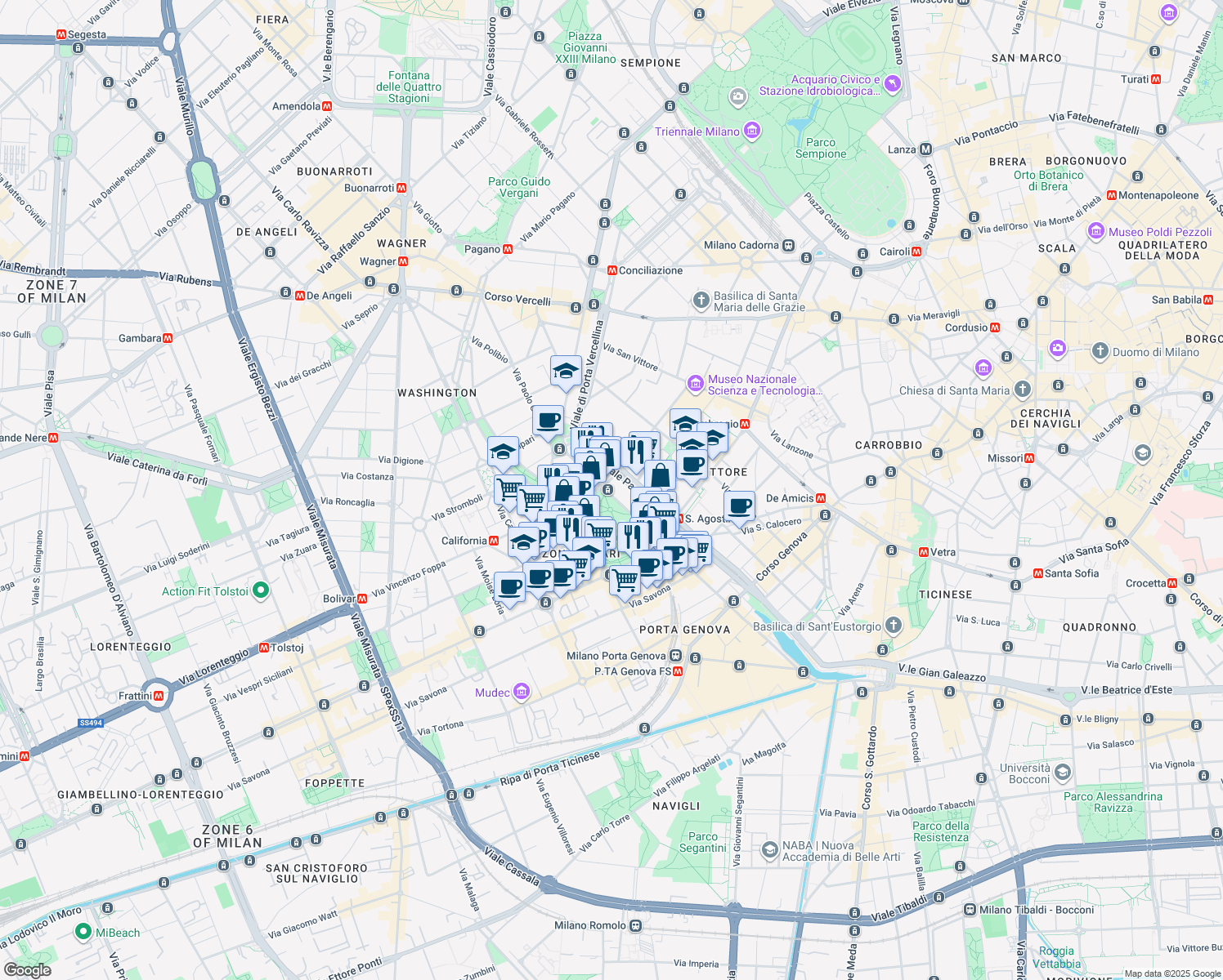 map of restaurants, bars, coffee shops, grocery stores, and more near 24 Viale Papiniano in Milan