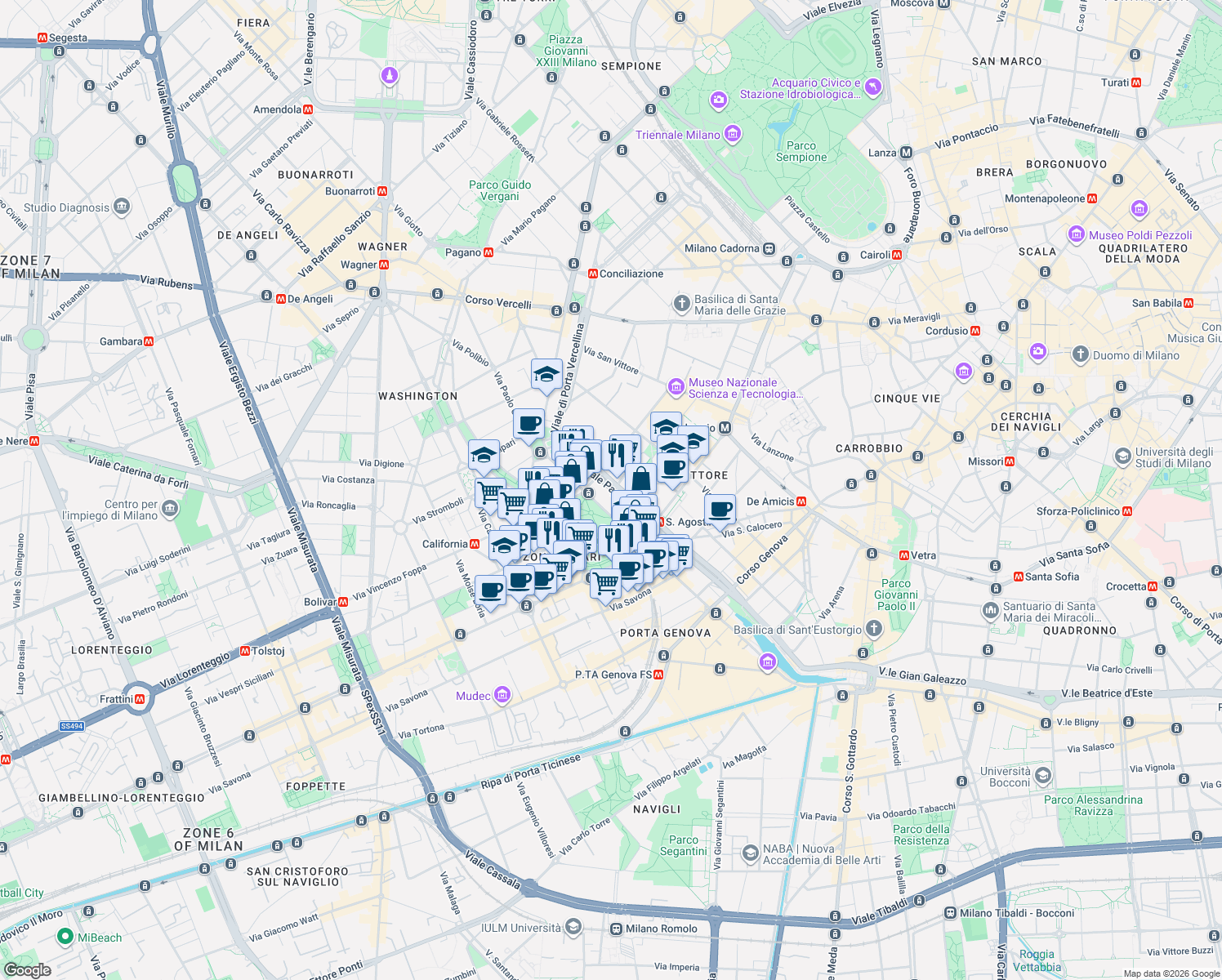 map of restaurants, bars, coffee shops, grocery stores, and more near 24 Viale Papiniano in Milano