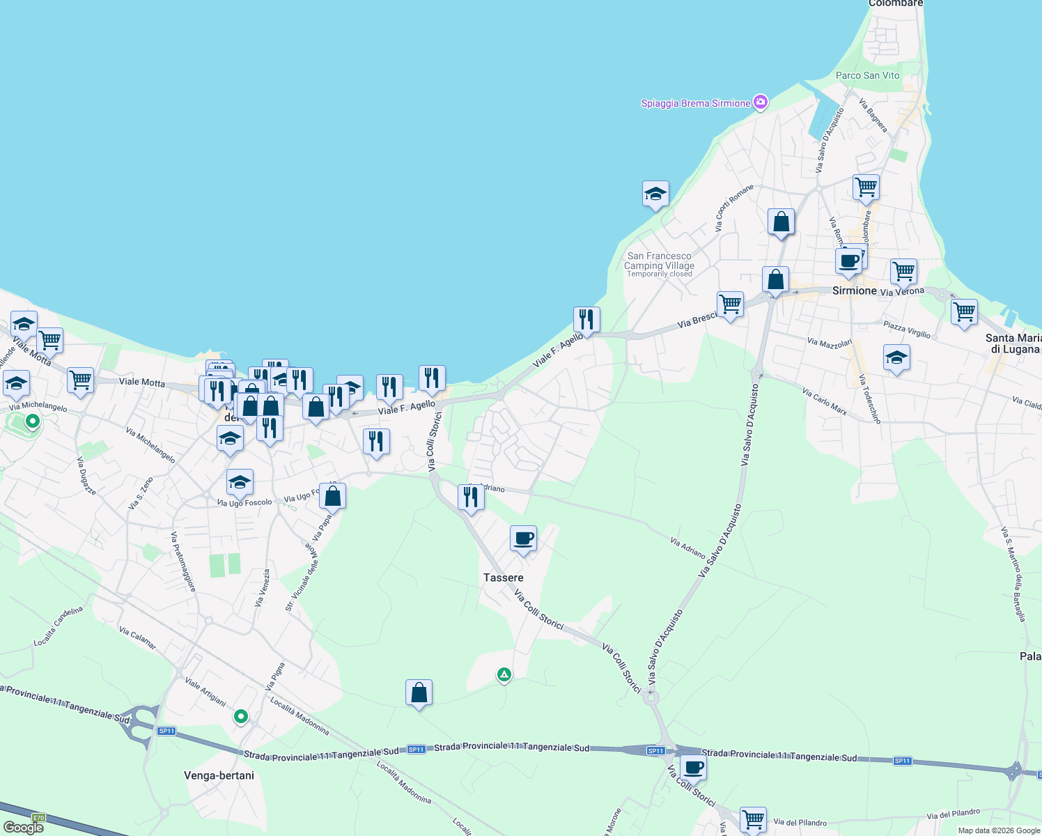 map of restaurants, bars, coffee shops, grocery stores, and more near 17 Via Giulio Cesare in Desenzano del Garda
