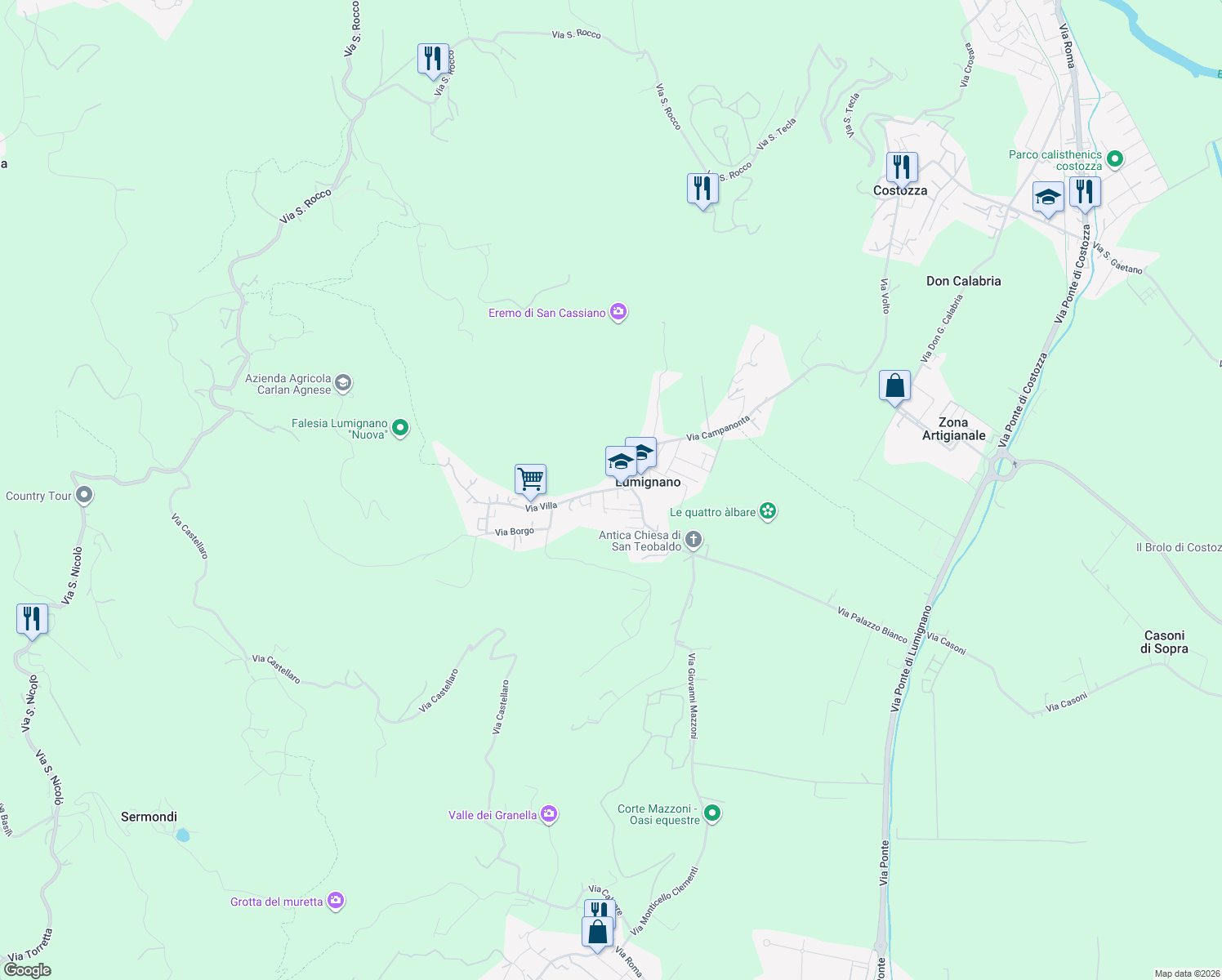 map of restaurants, bars, coffee shops, grocery stores, and more near 18 Via San Maiolo in Lumignano