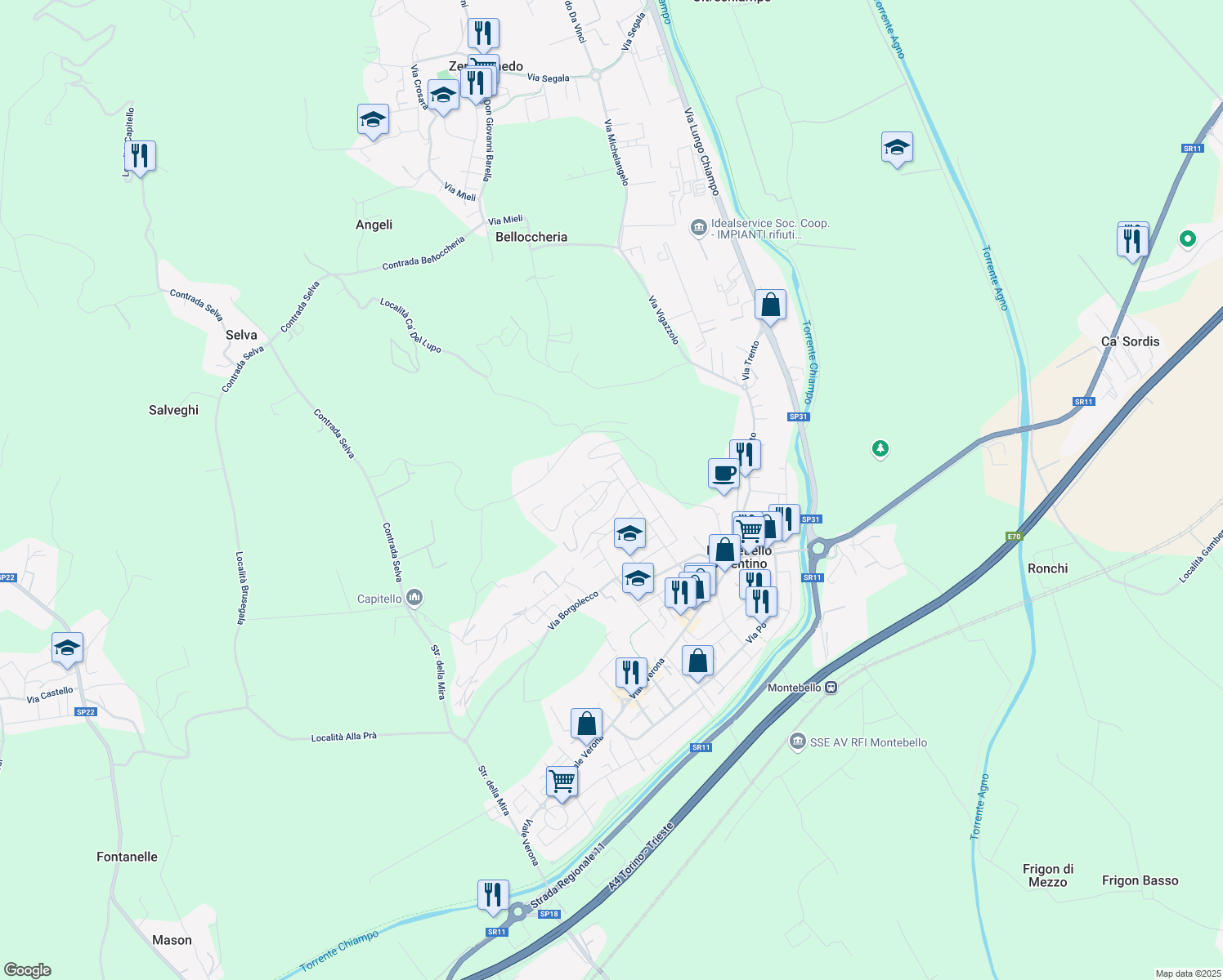 map of restaurants, bars, coffee shops, grocery stores, and more near 47 Via Manzoni in Montebello Vicentino