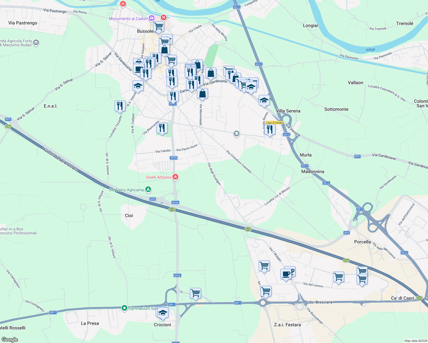 map of restaurants, bars, coffee shops, grocery stores, and more near 71 Via degli Scaligeri in Bussolengo