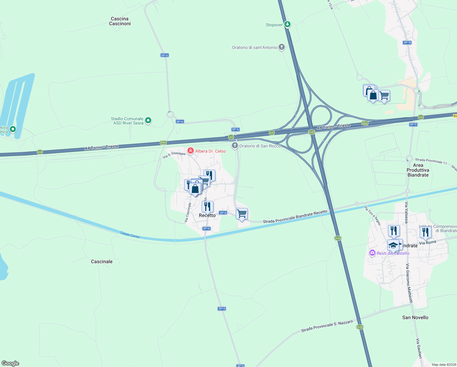 map of restaurants, bars, coffee shops, grocery stores, and more near 21 Via Vercellio in Recetto