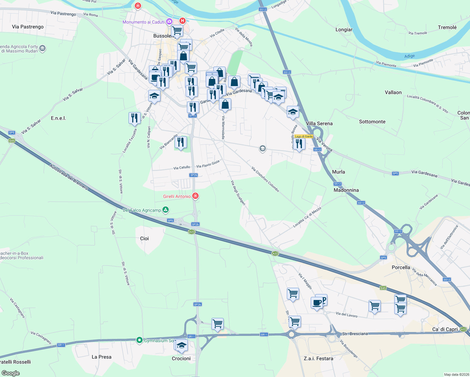 map of restaurants, bars, coffee shops, grocery stores, and more near 71/A Via degli Scaligeri in Bussolengo