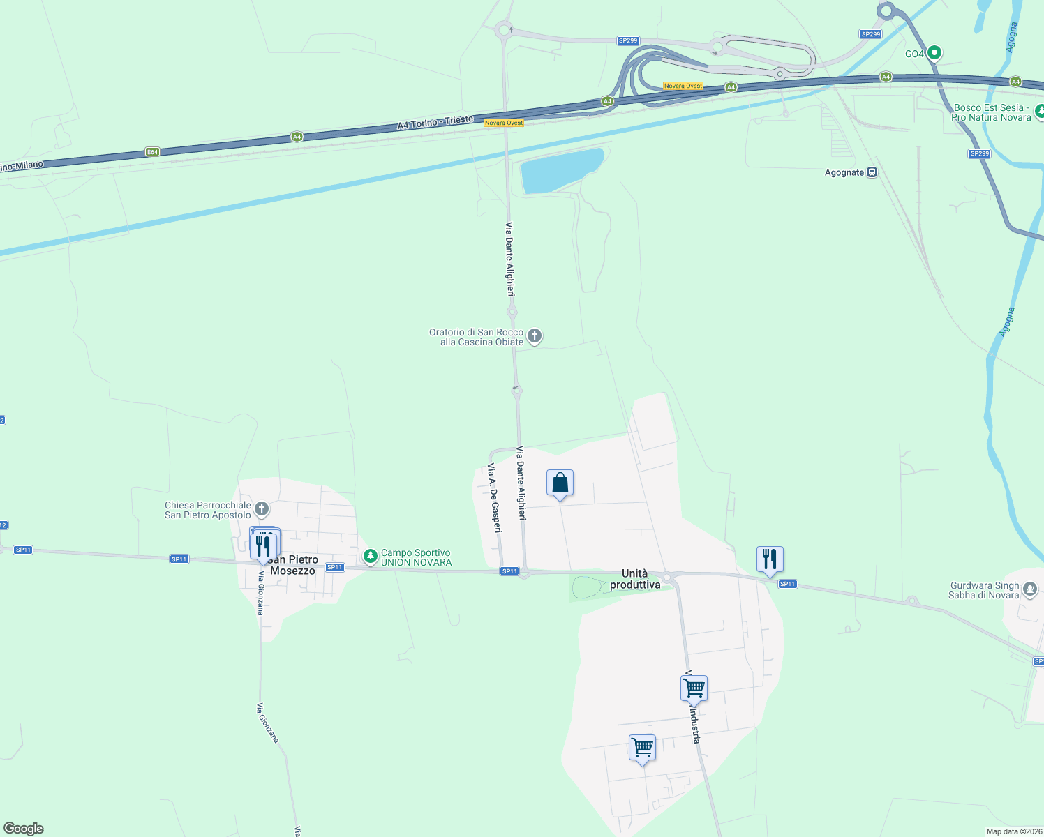 map of restaurants, bars, coffee shops, grocery stores, and more near 32 Via Dante Alighieri in Unita' Produttiva