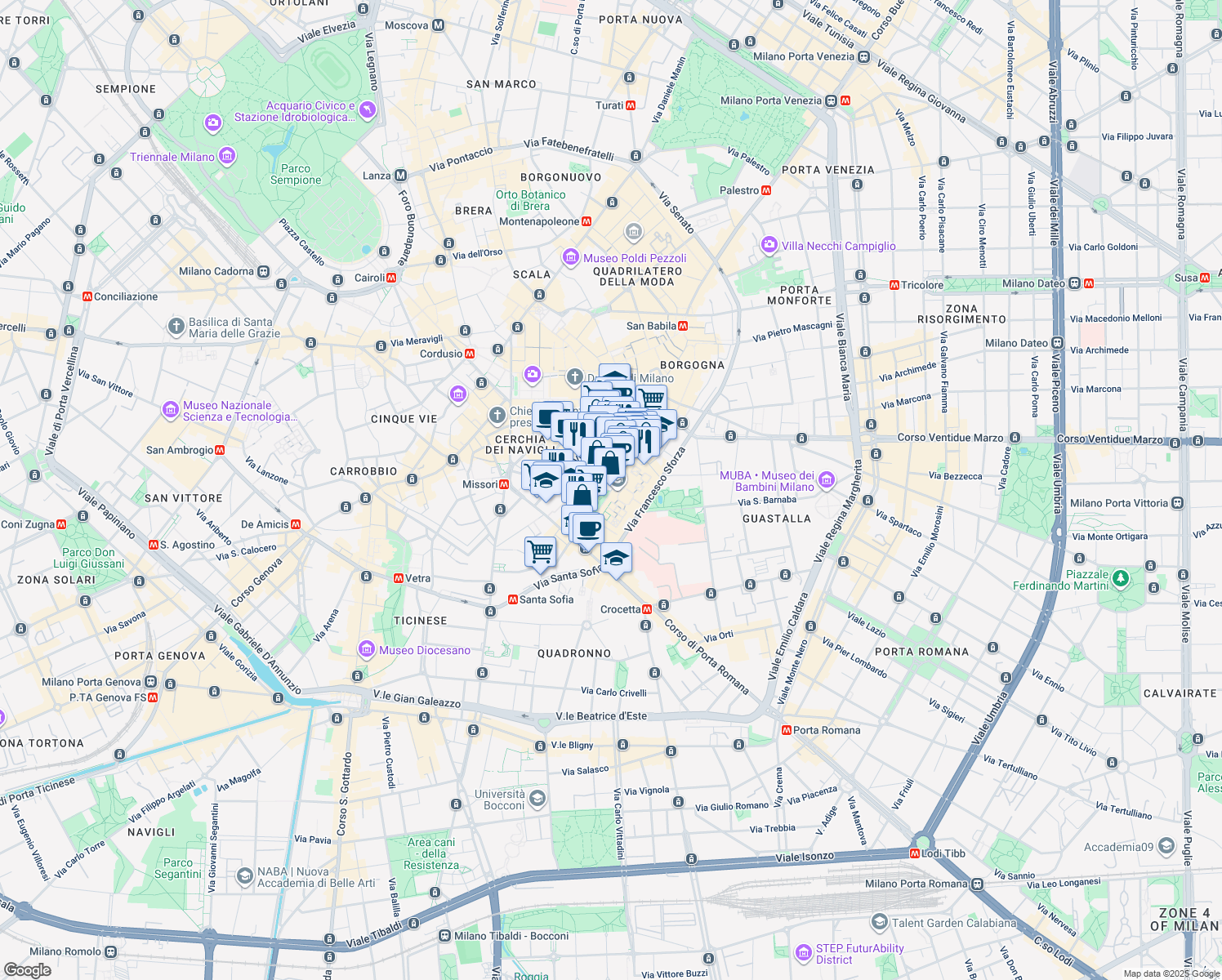 map of restaurants, bars, coffee shops, grocery stores, and more near 1 Largo Francesco Richini in Milan