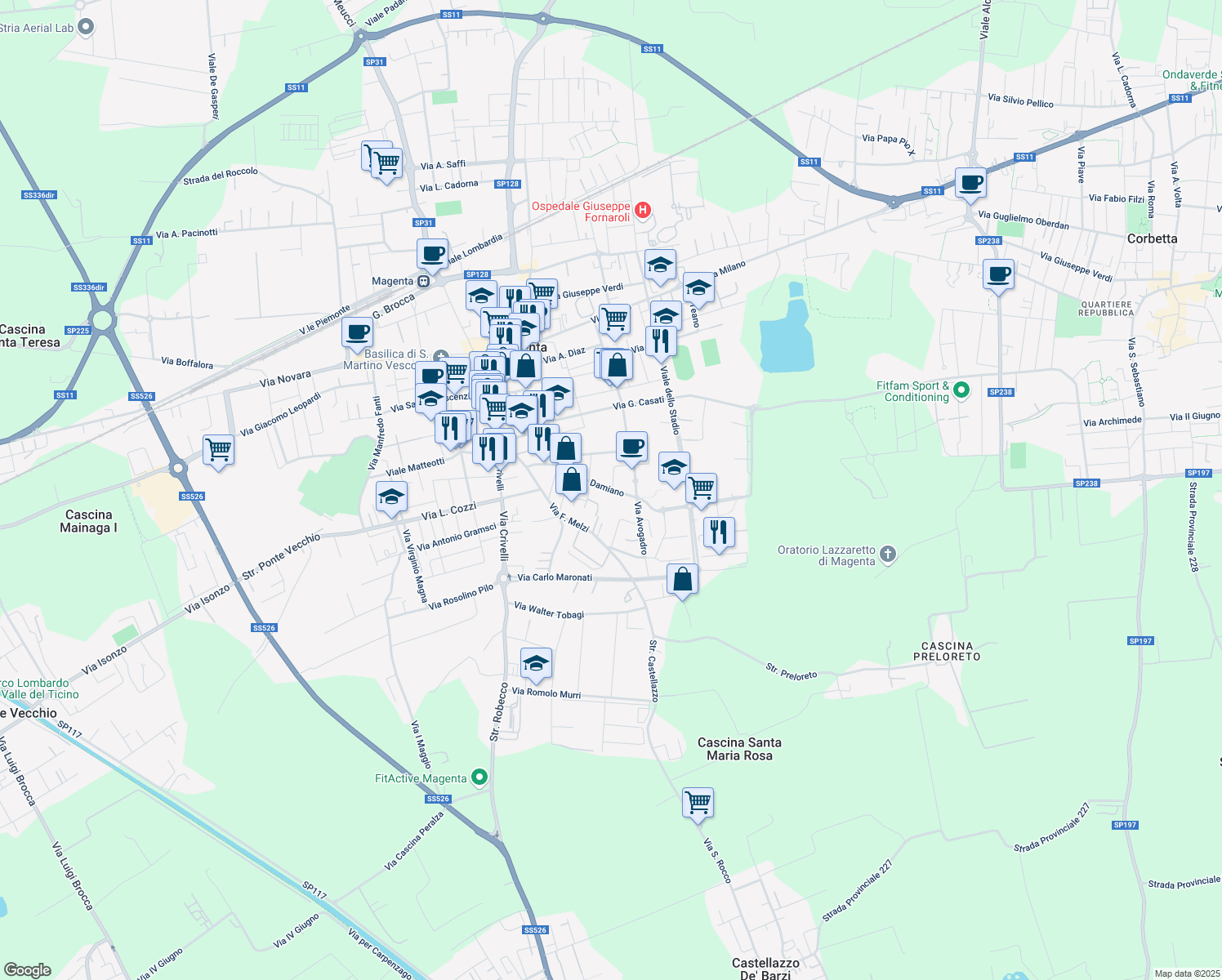 map of restaurants, bars, coffee shops, grocery stores, and more near Via Tiziano Vecellio in Magenta