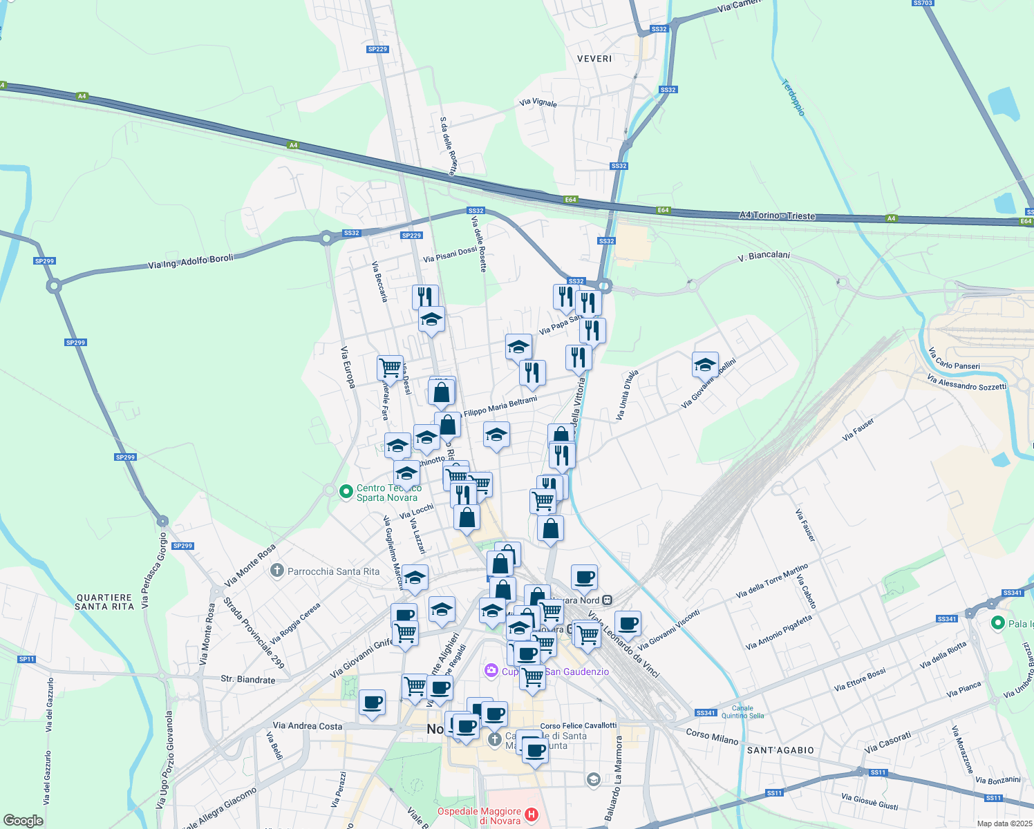 map of restaurants, bars, coffee shops, grocery stores, and more near 2 Via Giuseppe Serazzi in Novara