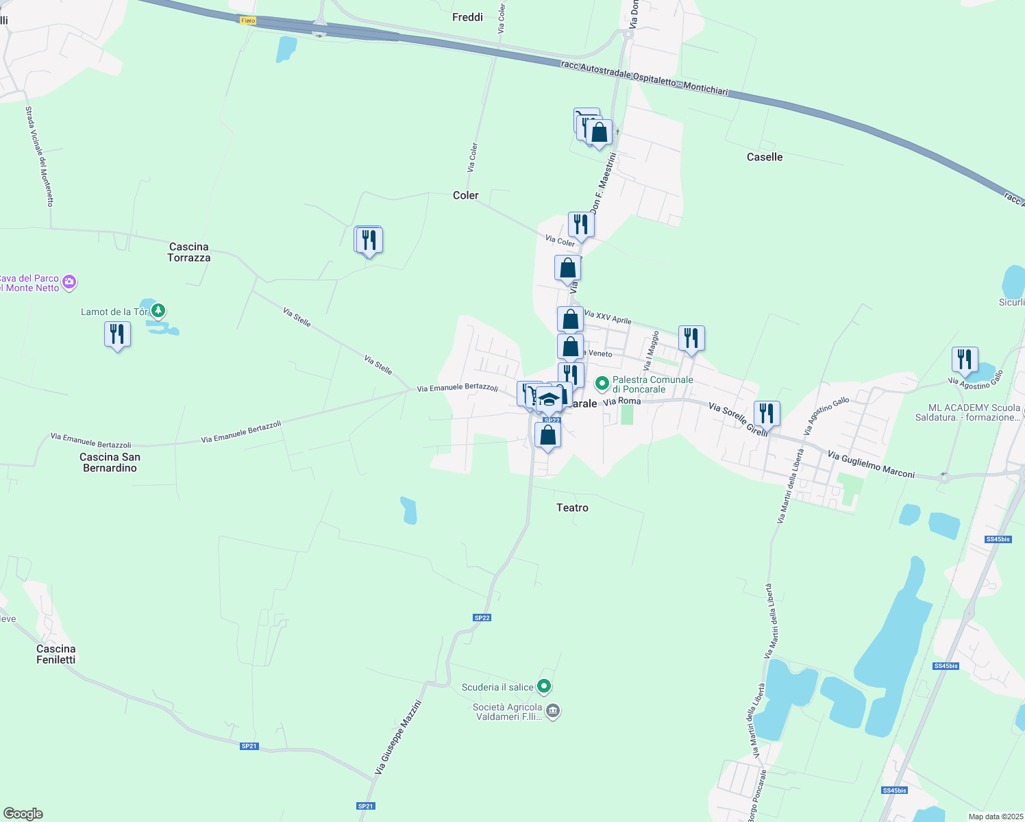 map of restaurants, bars, coffee shops, grocery stores, and more near 22 Via Monte Grappa in Poncarale