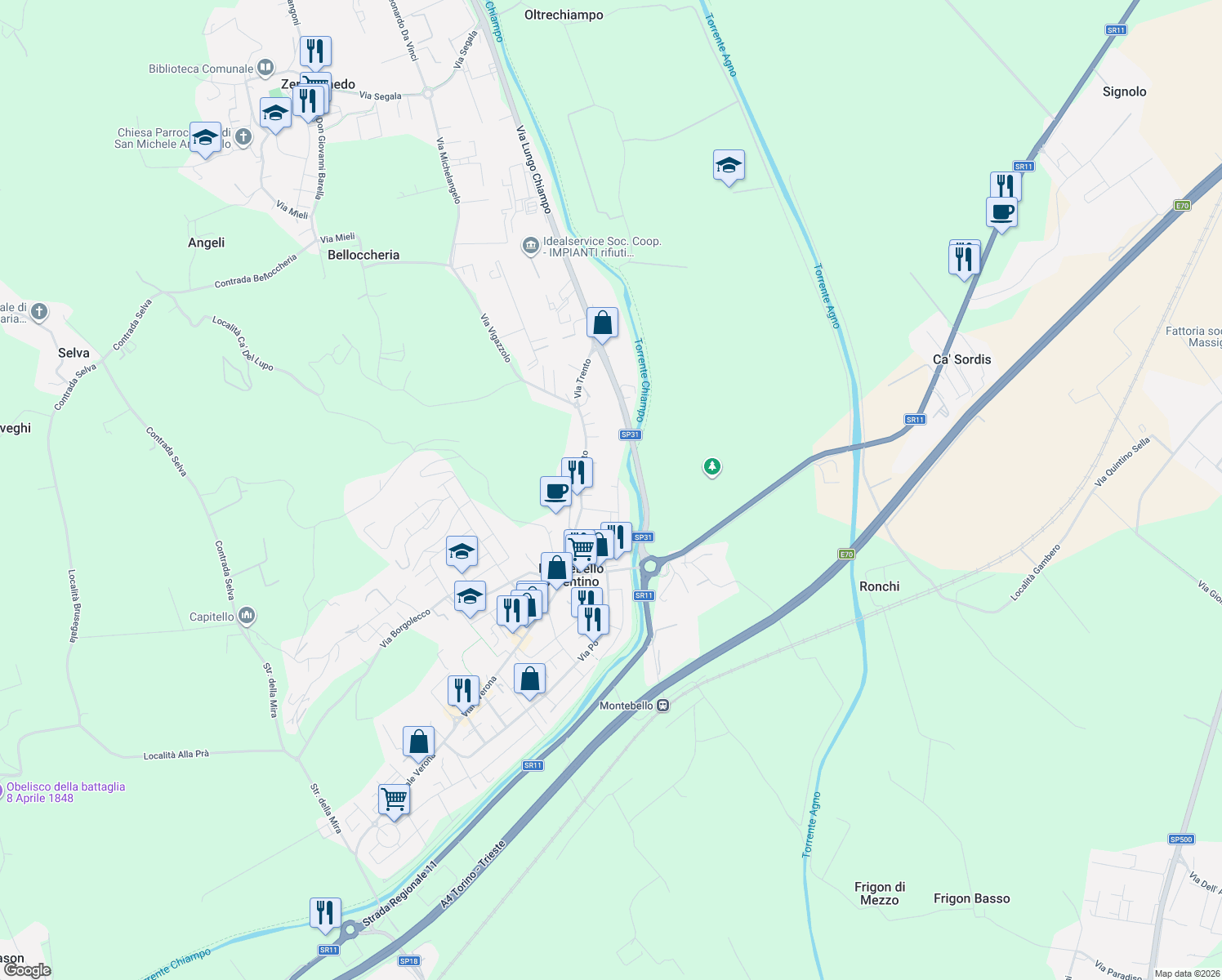 map of restaurants, bars, coffee shops, grocery stores, and more near 21 Via Venezia in Montebello Vicentino