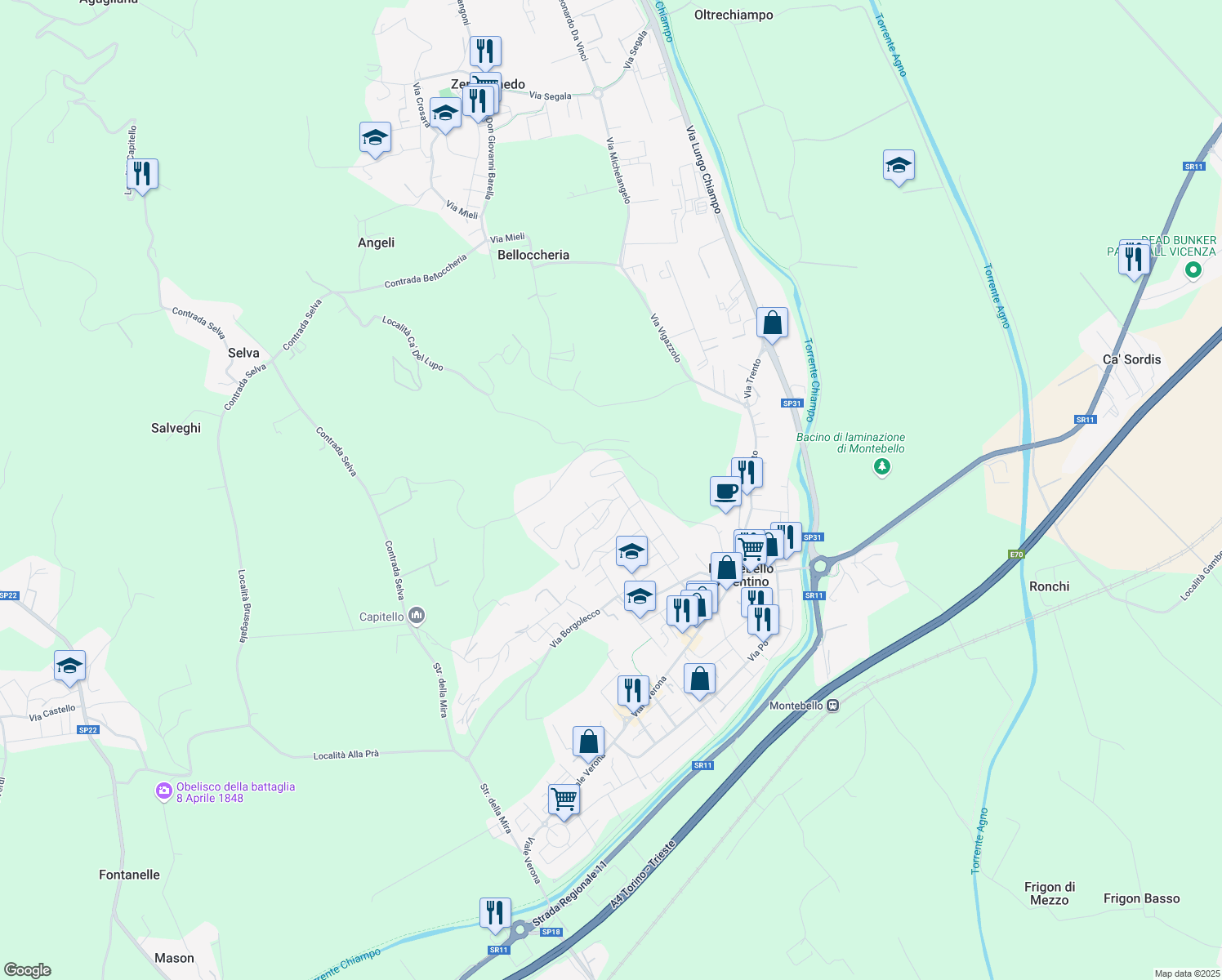 map of restaurants, bars, coffee shops, grocery stores, and more near 47 Via Manzoni in Montebello Vicentino