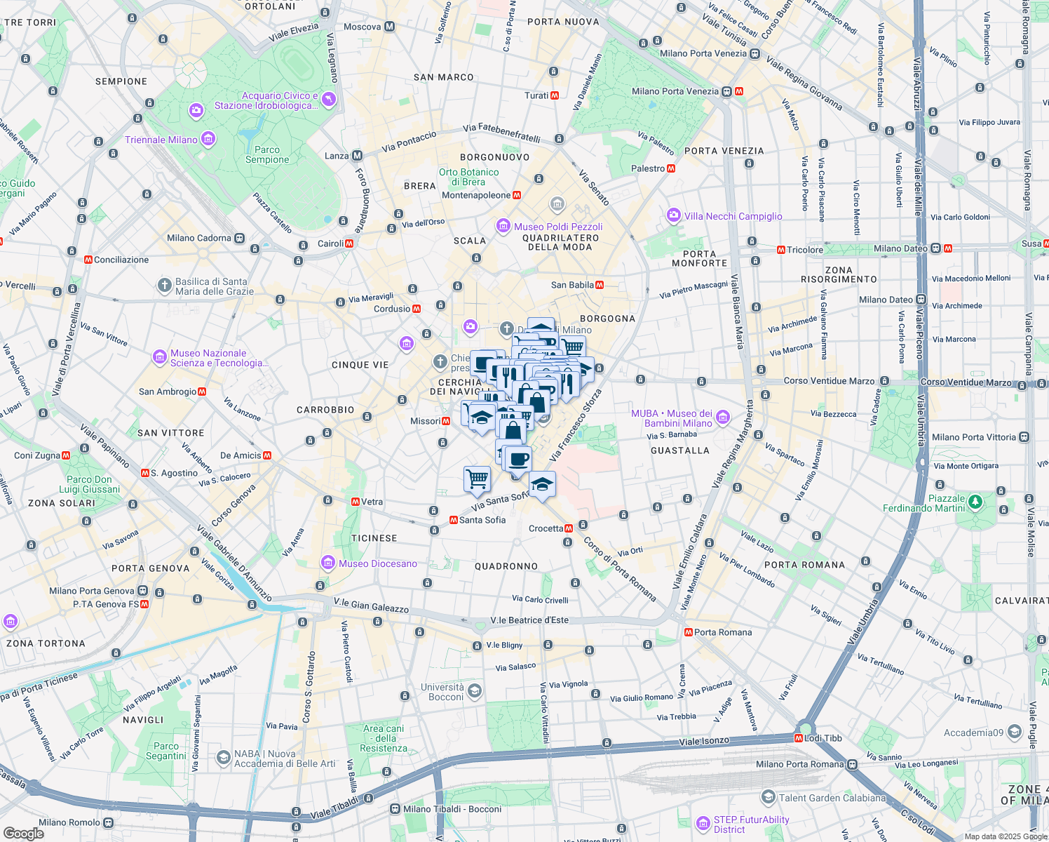 map of restaurants, bars, coffee shops, grocery stores, and more near 1 Largo Francesco Richini in Milan