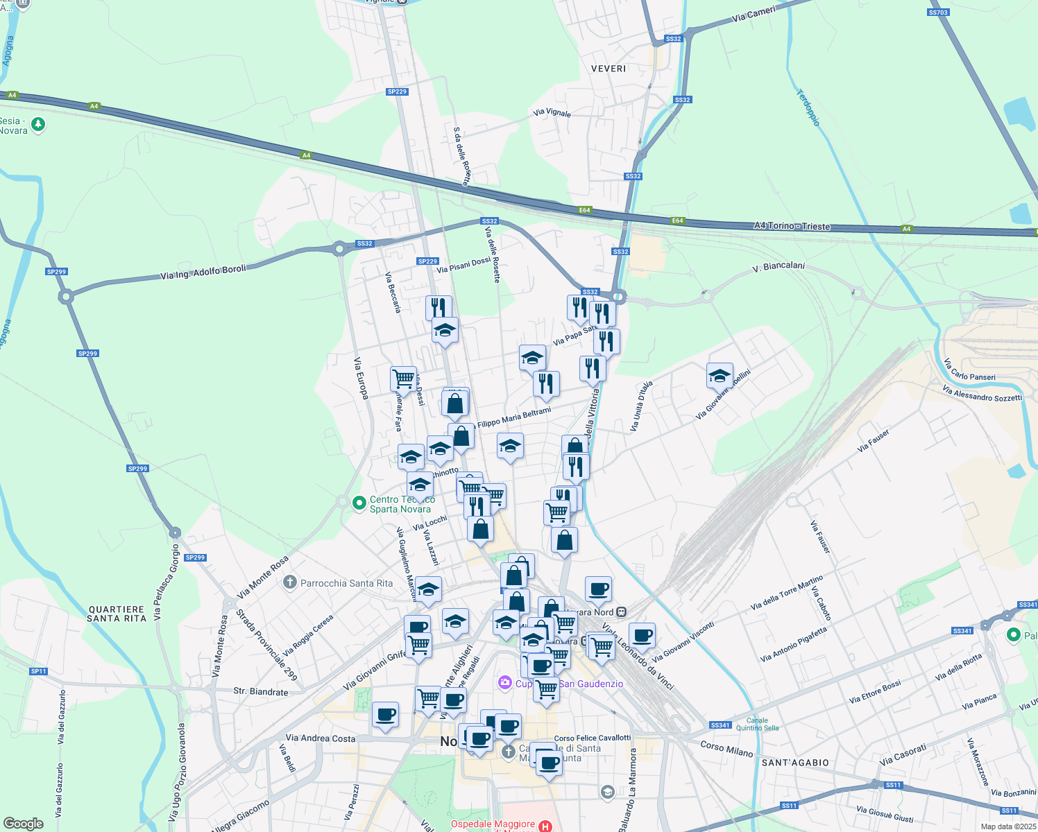 map of restaurants, bars, coffee shops, grocery stores, and more near 2 Via Giuseppe Serazzi in Novara