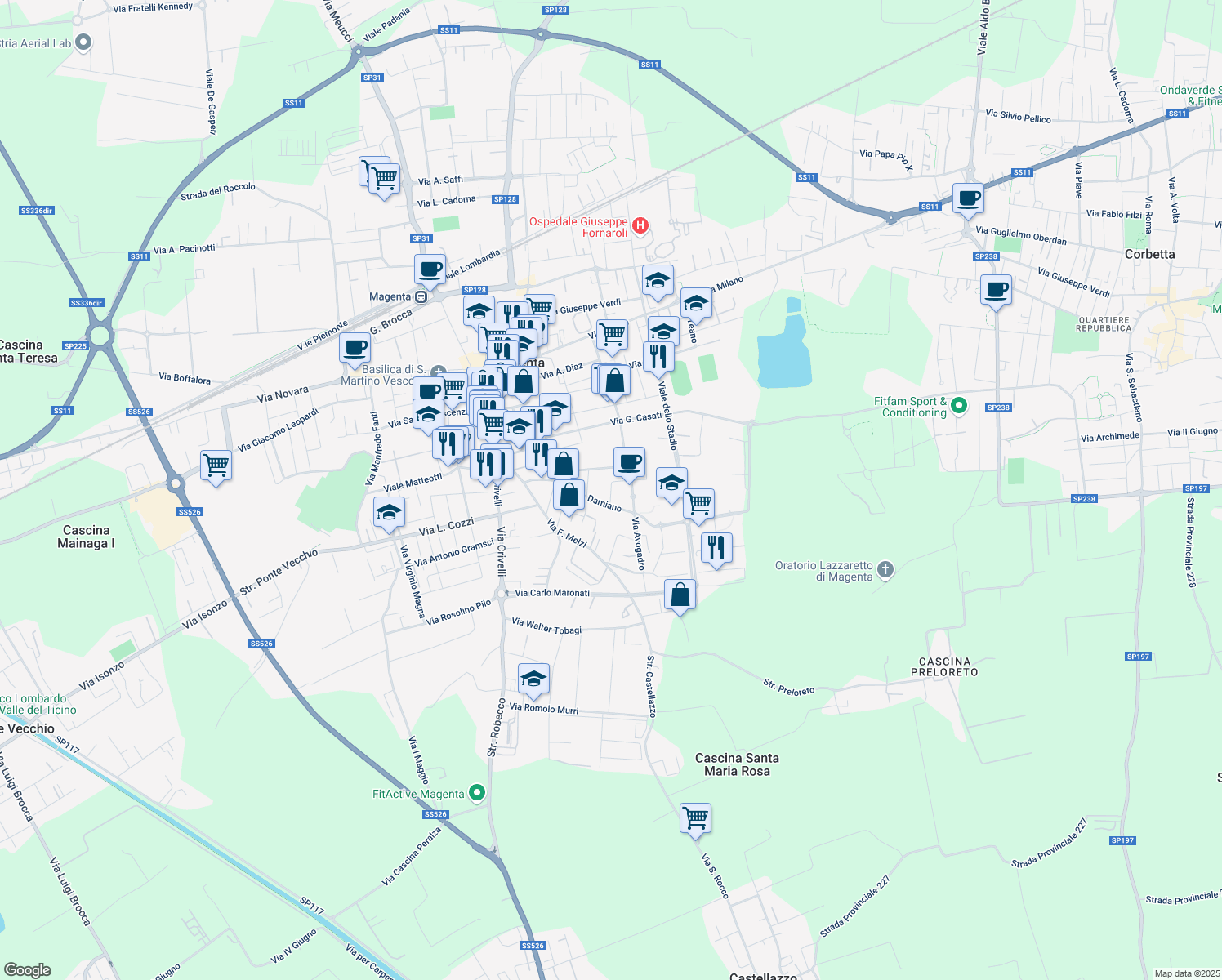map of restaurants, bars, coffee shops, grocery stores, and more near Via Tiziano Vecellio in Magenta
