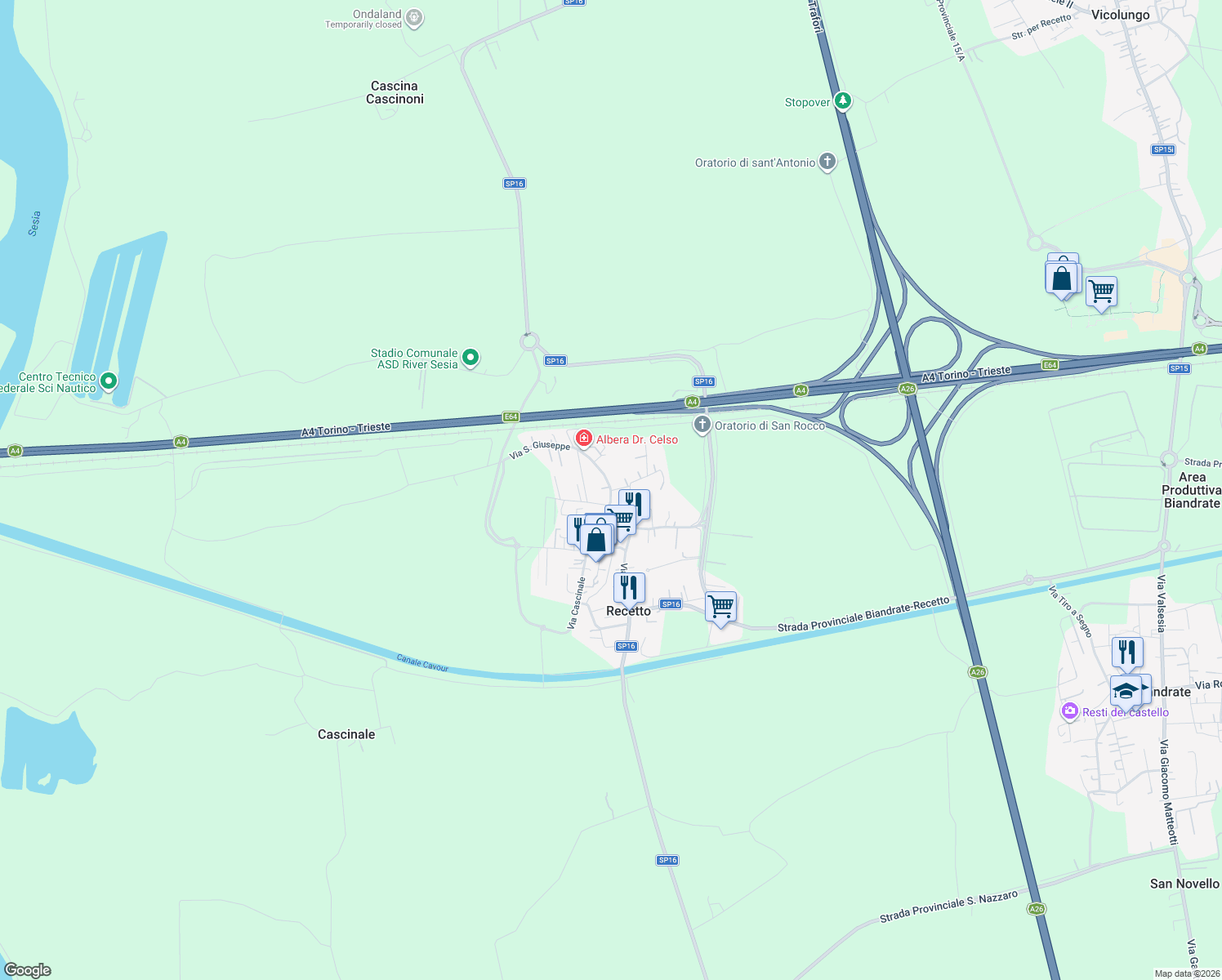 map of restaurants, bars, coffee shops, grocery stores, and more near 20 Via San Giuseppe in Recetto