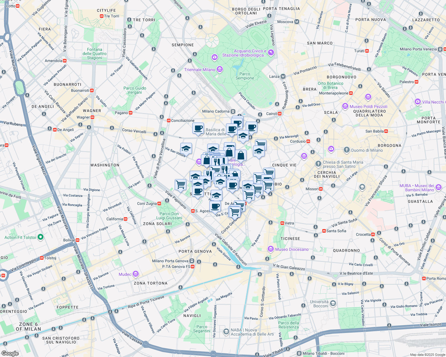 map of restaurants, bars, coffee shops, grocery stores, and more near in Milan